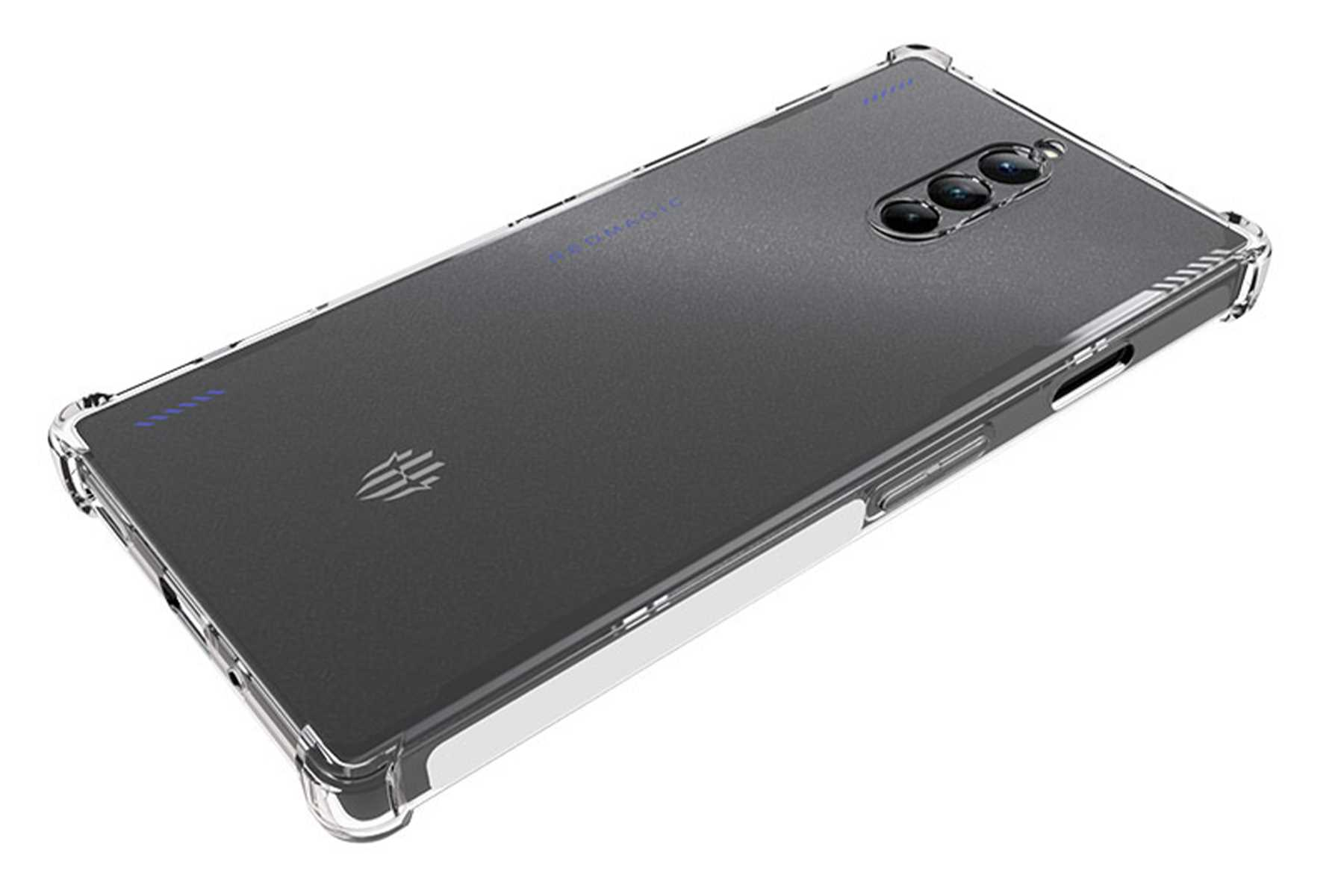 Schwarzes Telefon in klarer Hülle, weißer Hintergrund.