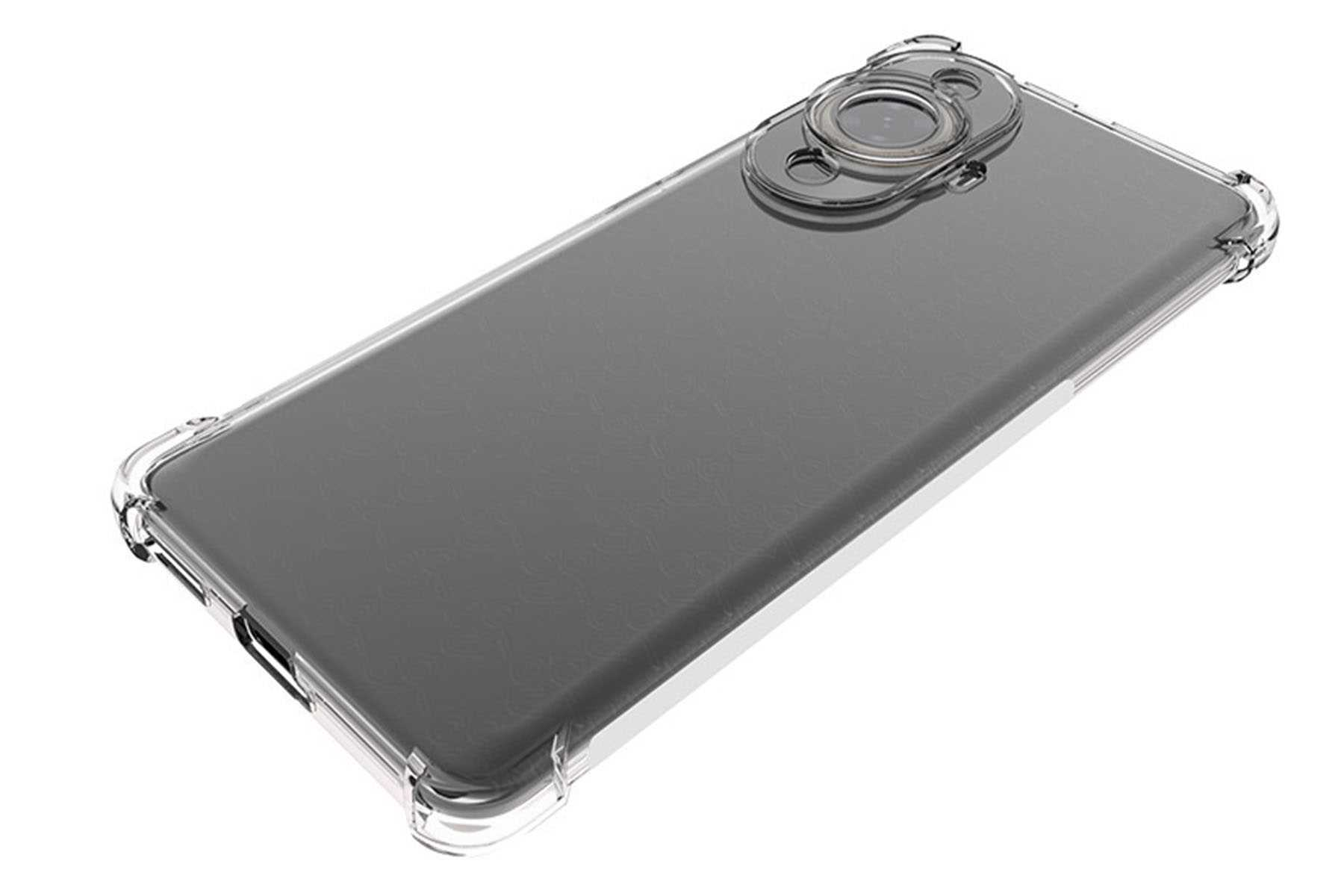 Eine transparente Handyhülle auf einem grauen Smartphone. Auf der Rückseite ist eine kreisförmige Kamera zu sehen.