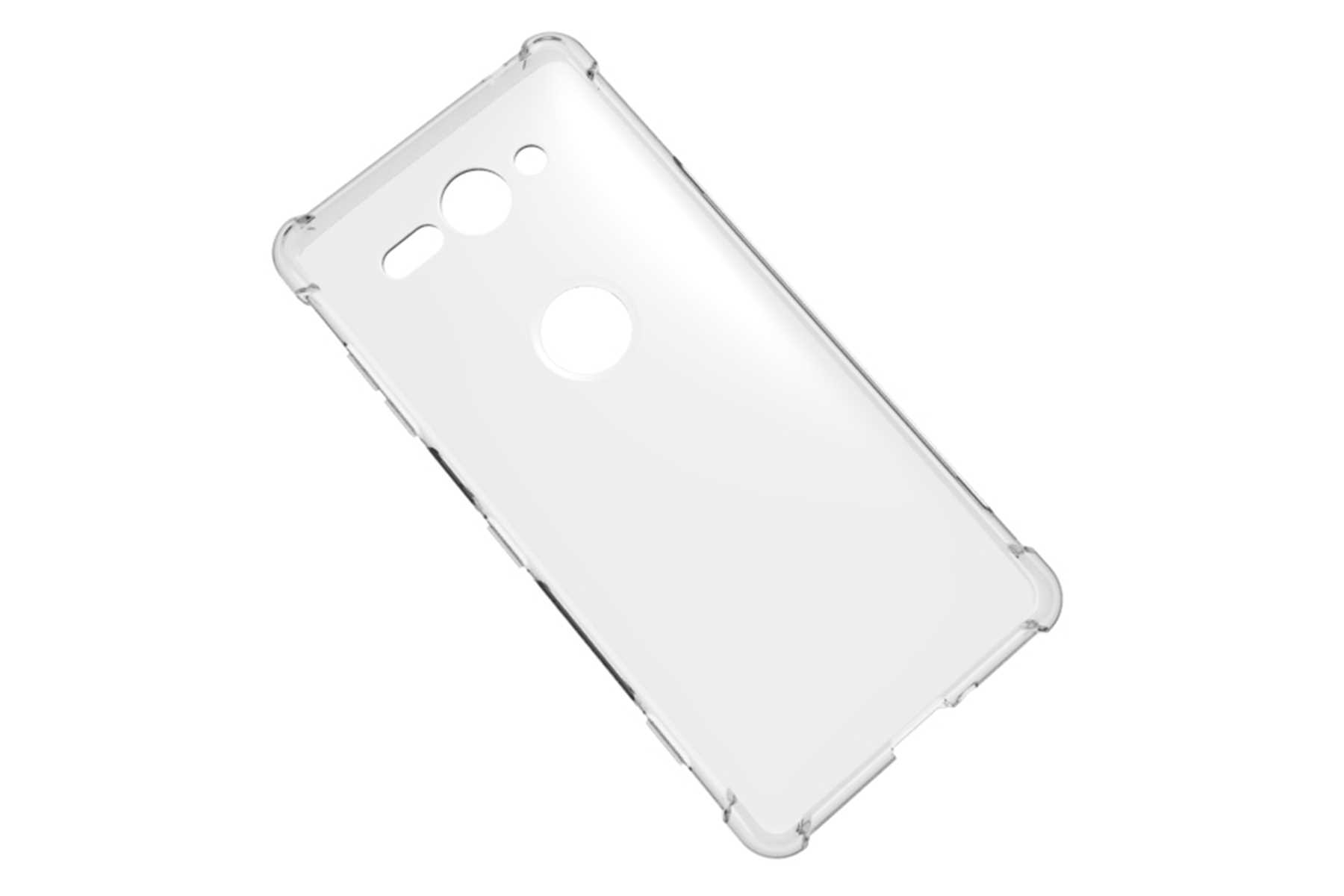 Transparente Handyhülle.  Durchsichtiges Plastik, mit Kamera- und Knopfausschnitten. Isoliert auf Weiß.