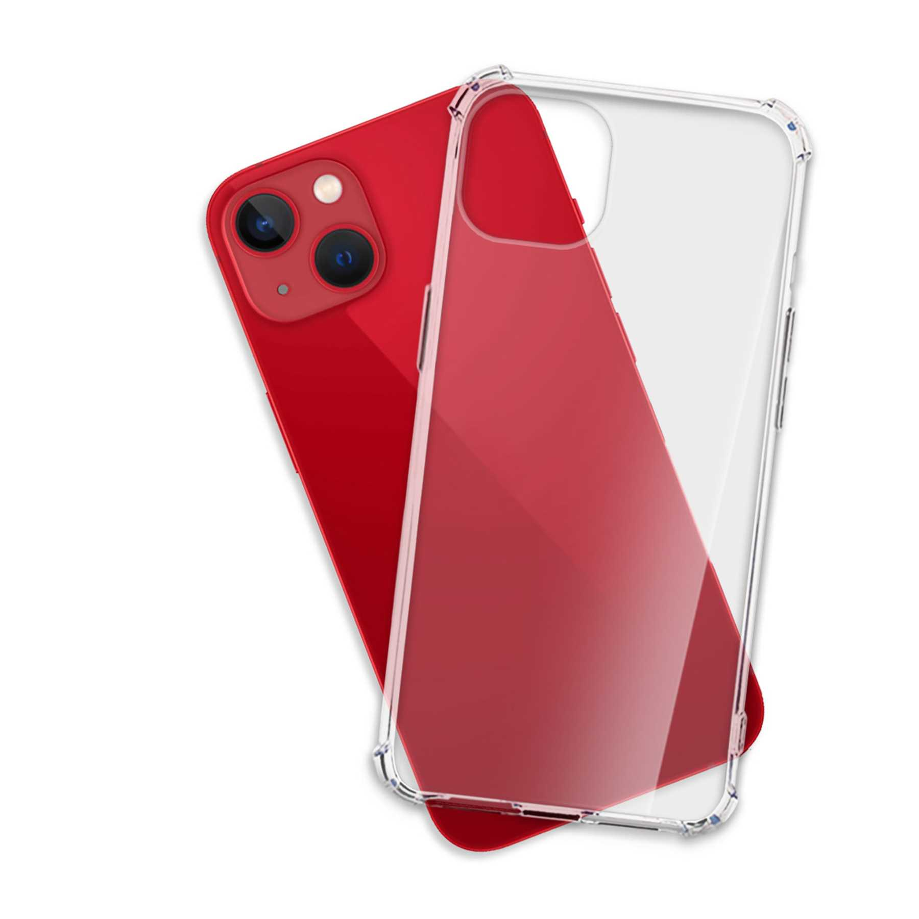 Rotes Telefon mit einer durchsichtigen Hülle. Das Telefon ist geneigt und zeigt die Rückseite mit der Hülle.