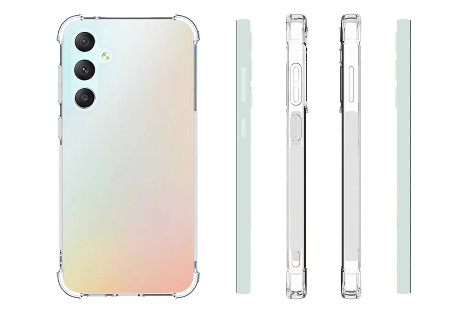 Smartphone in einer transparenten Hülle, mehrere Ansichten: Rückseite, Seite und Kante.