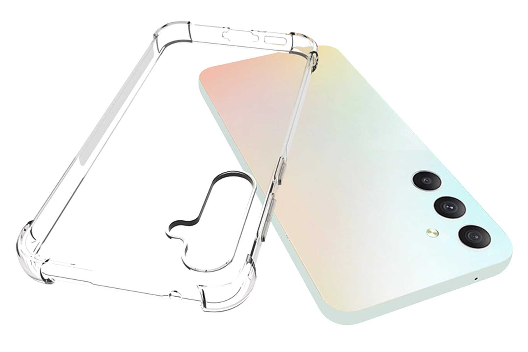 Transparente Handyhülle neben einem Smartphone. Das Telefon ist weiß mit einer Dreifachkamera.