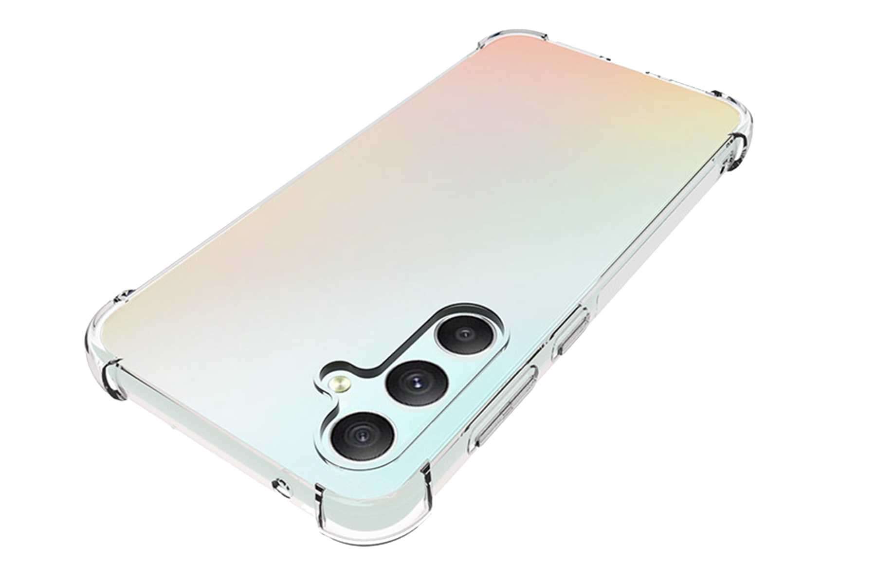 Weißes Telefon mit transparenter Hülle. Telefon ist angewinkelt, zeigt Rückseite, Kamera und Hülle.