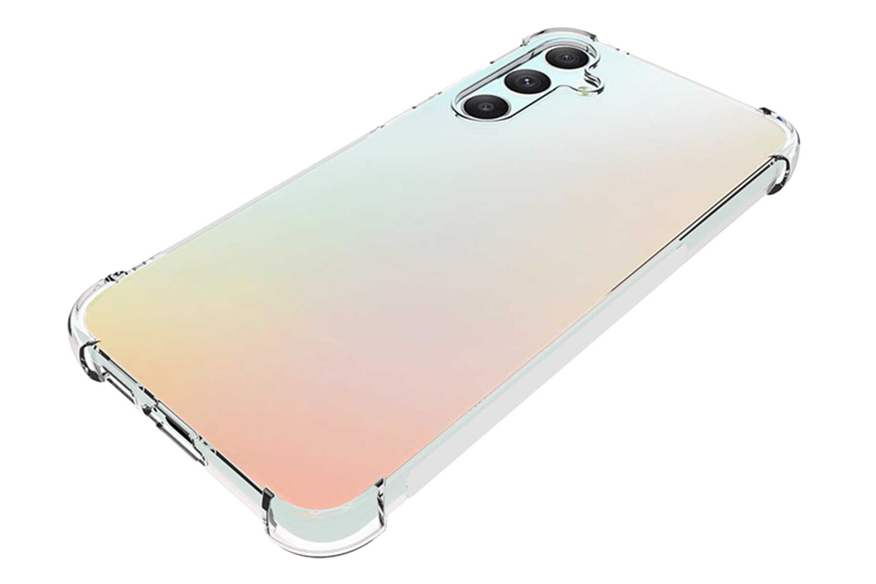 Eine klare Handyhülle auf einem Smartphone mit Farbverlauf. Es hat eine Dreifach-Kamera.