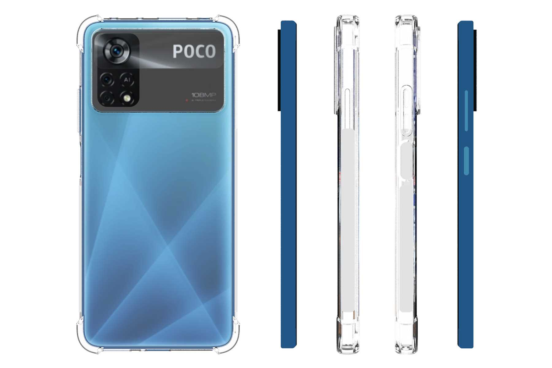 Ein blaues Telefon in einer transparenten Hülle. Die Hülle hat ein transparentes Design. Das Telefon hat eine schwarze Kamera.