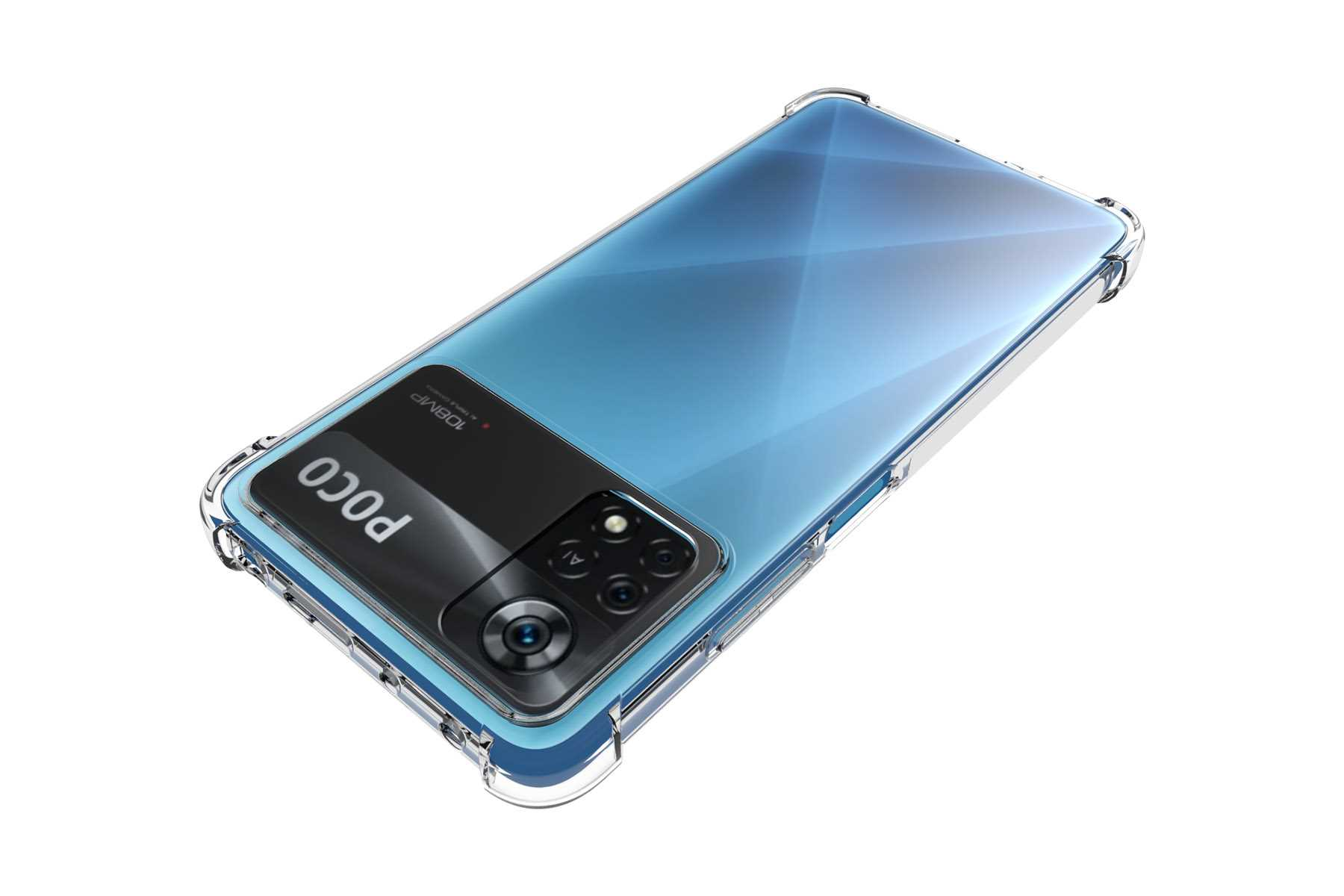 Ein Telefon mit transparentem Gehäuse. Das Telefon hat eine blaue Rückseite und ein auffälliges POCO-Kameramodul.