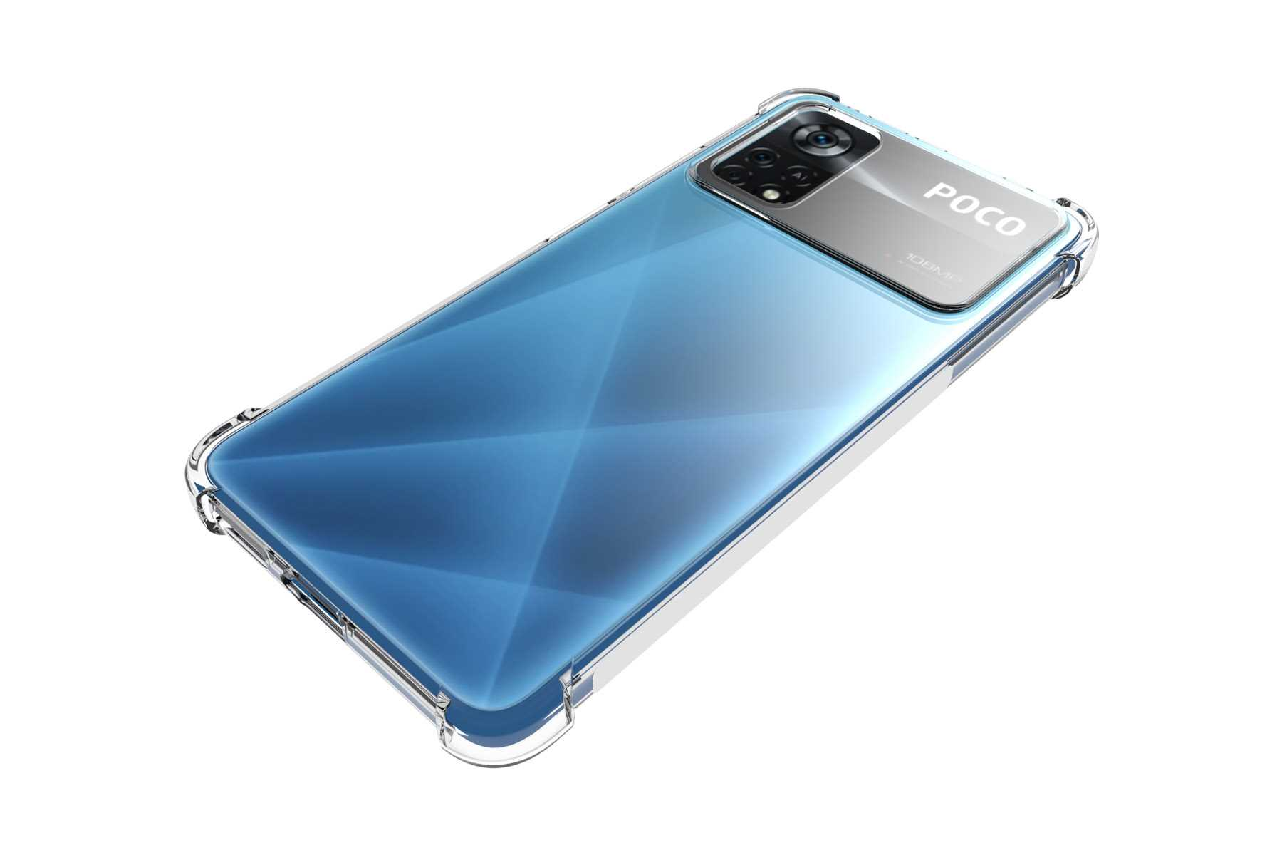 Blaues Telefon in transparenter Hülle, schräge Ansicht. Telefon hat mehrere Rückkameras, Wort 'POCO'.