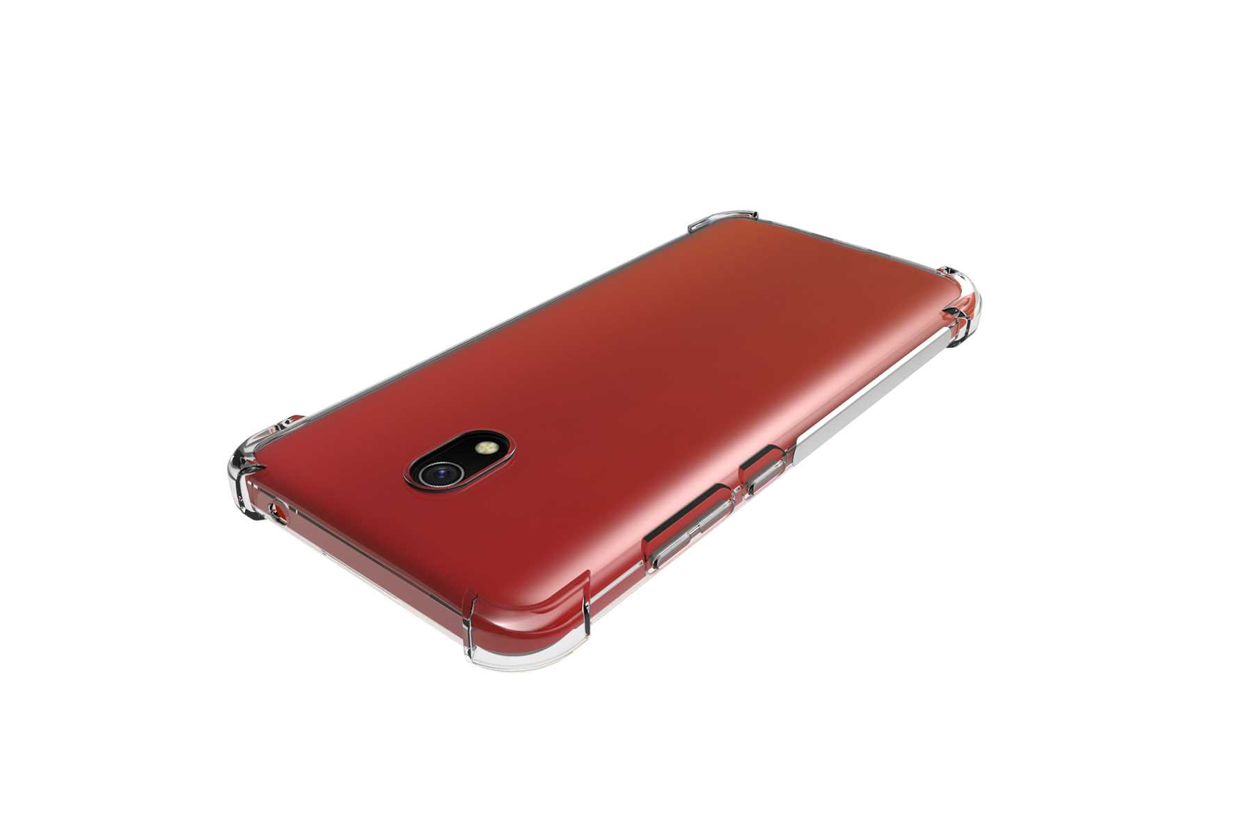 Ein rotes Telefon in einer transparenten Hülle. Das Telefon ist leicht angewinkelt, die Rückseite ist sichtbar.