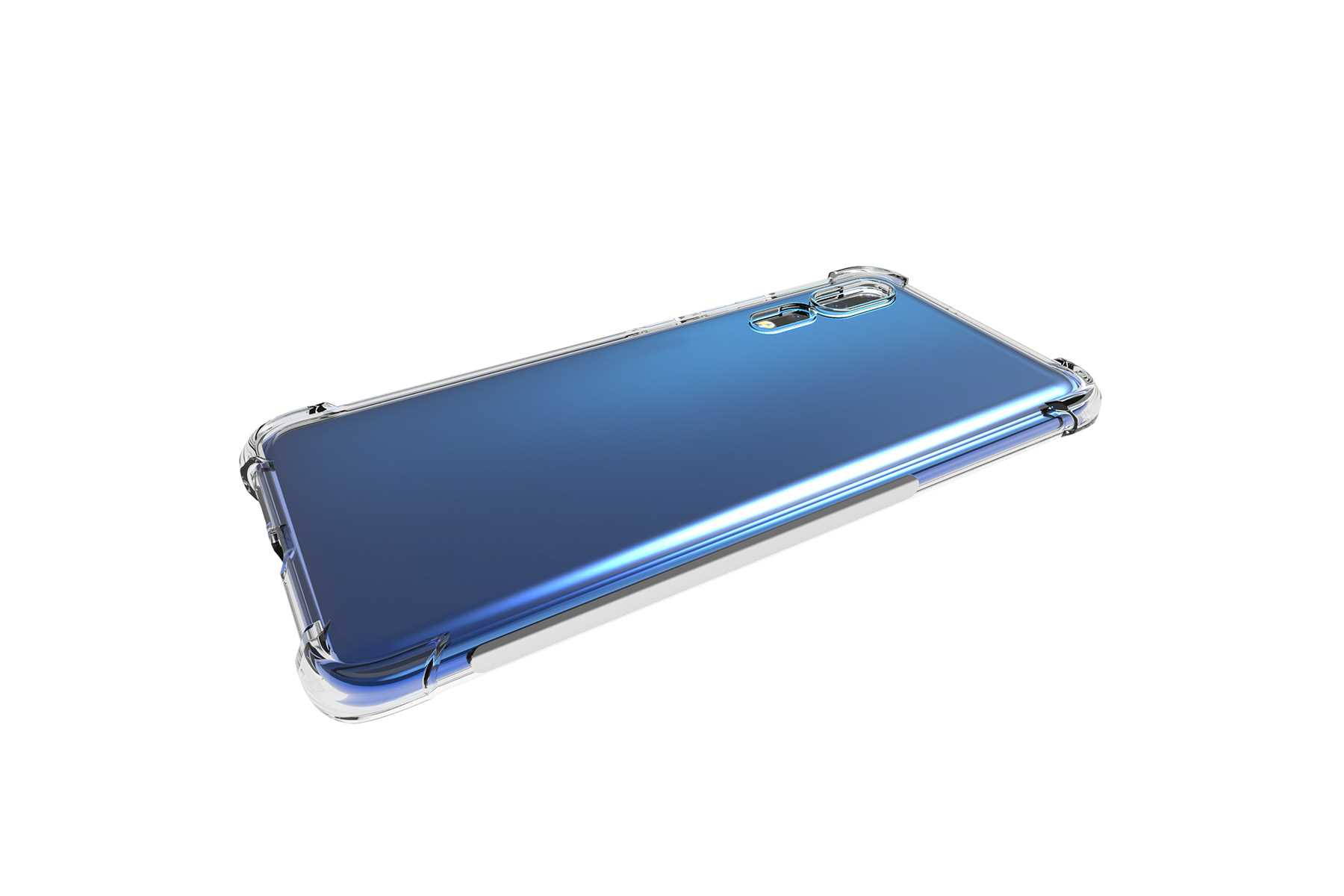 Ein blaues Smartphone mit einer durchsichtigen Hülle. Das Telefon ist abgewinkelt, Rückseite oben.
