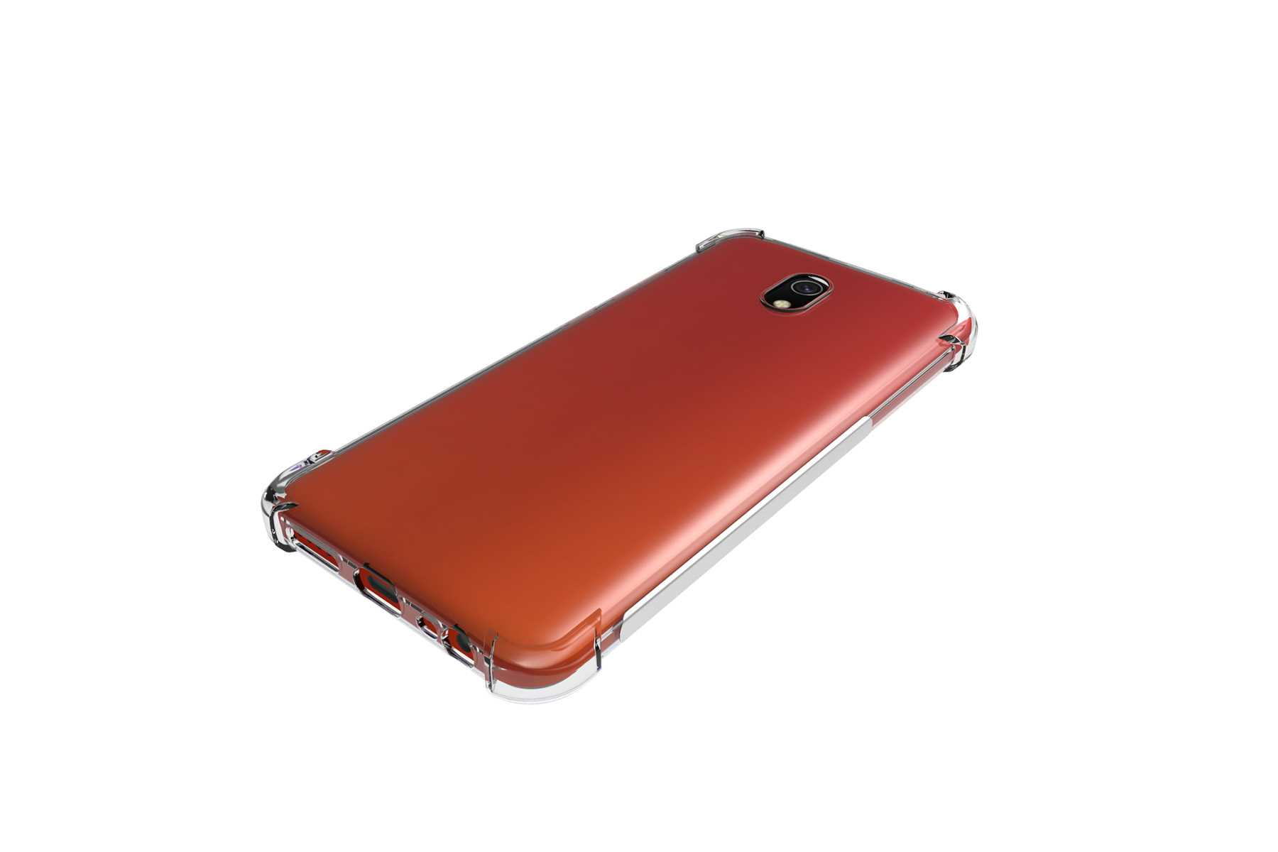 Rotes Telefon mit transparenter Hülle, auf weißem Hintergrund.