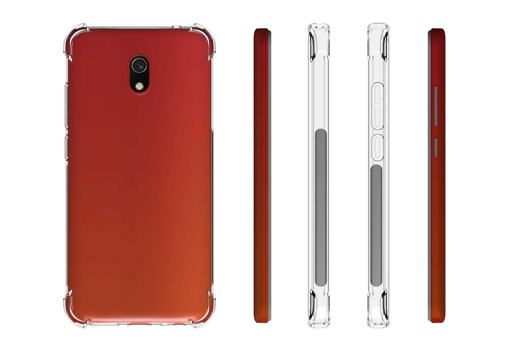Eine transparente Handyhülle. Die Hülle ist durchsichtig und hat verstärkte Ecken. Das Telefon ist rot.