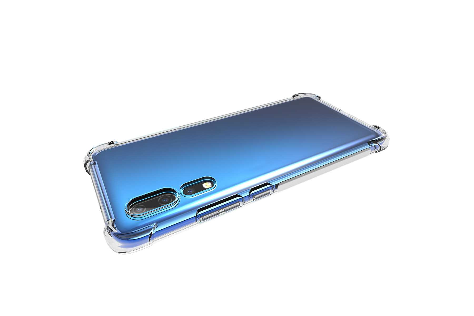 Transparente Handyhülle auf blauem Telefon. Die Hülle hat verstärkte Ecken.