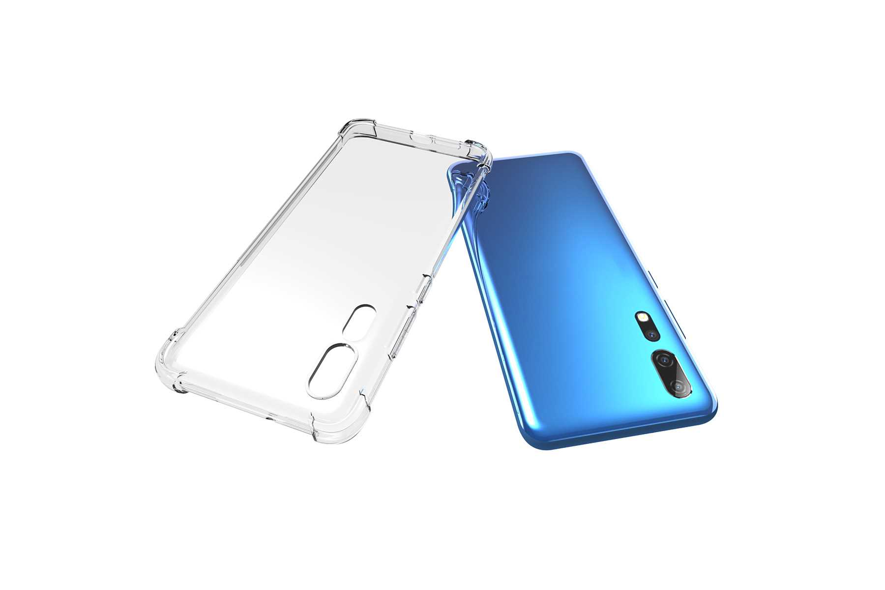Ein blaues Smartphone und eine transparente Handyhülle. Die Handyhülle ist offen.