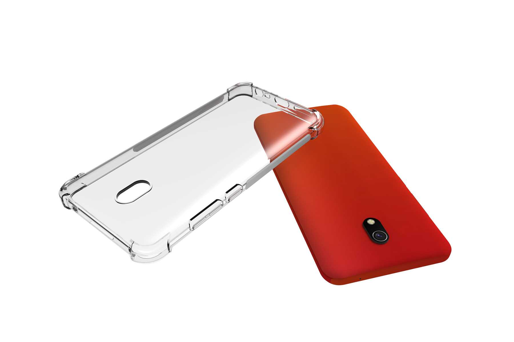 Telefon und Hülle. Telefon rot, Hülle klar. Hülle ist vom Telefon getrennt.