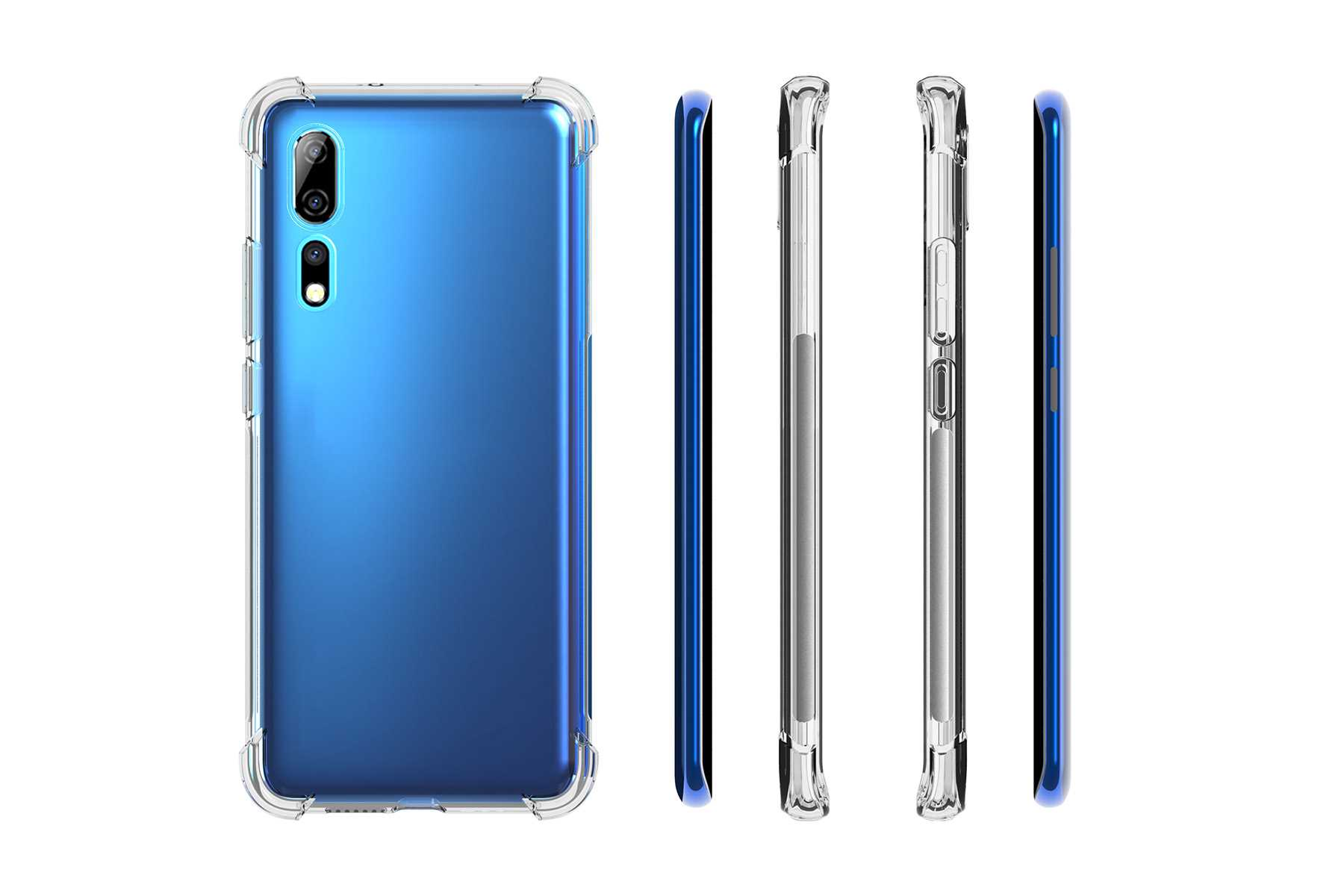 Ein Smartphone in einer transparenten Hülle. Das Telefon ist blau, die Rückkamera sichtbar, verschiedene Winkel zeigend.