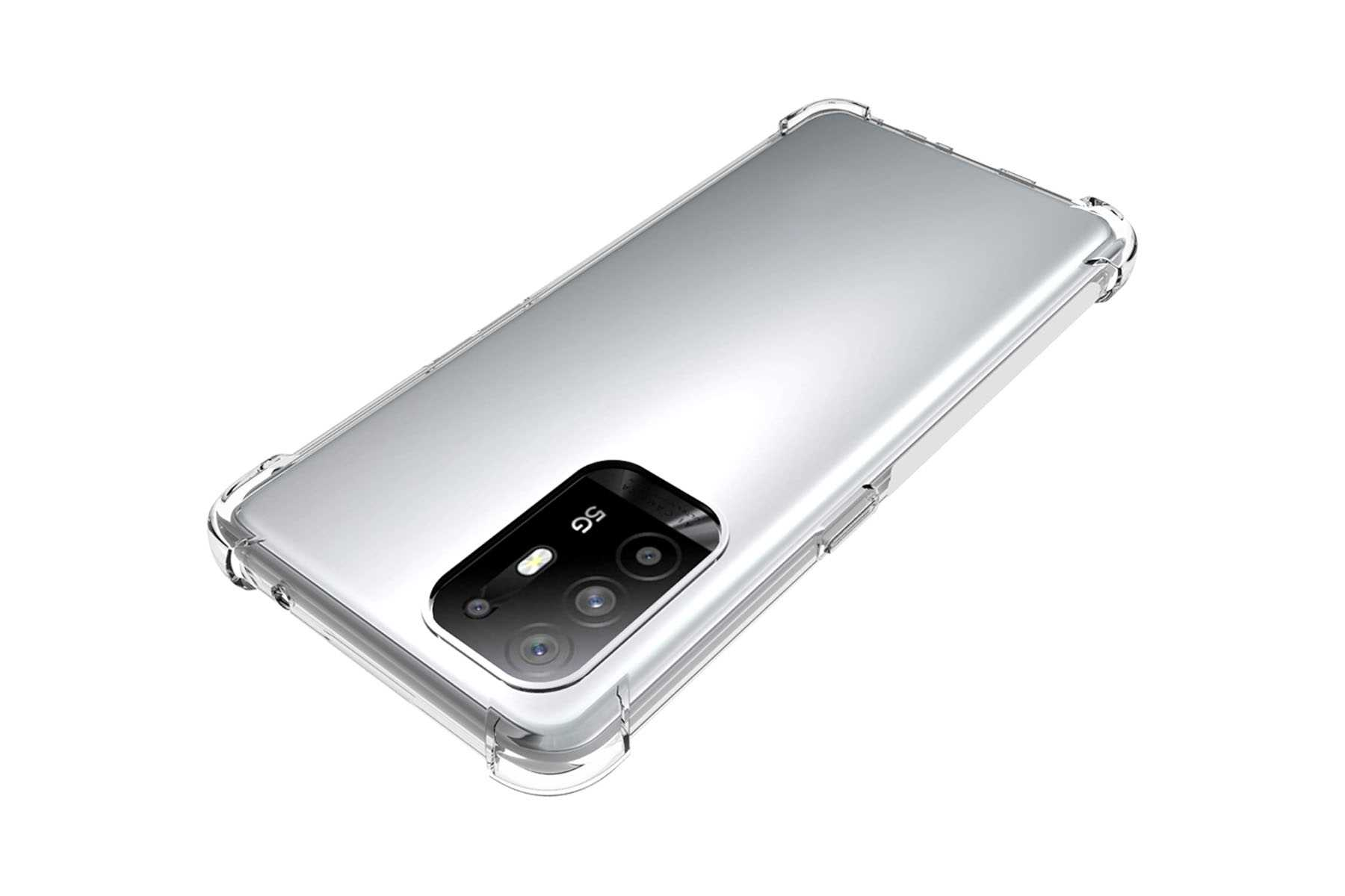 Transparente Handyhülle auf einem silbernen Telefon, Rückseite und Hülle zeigend.