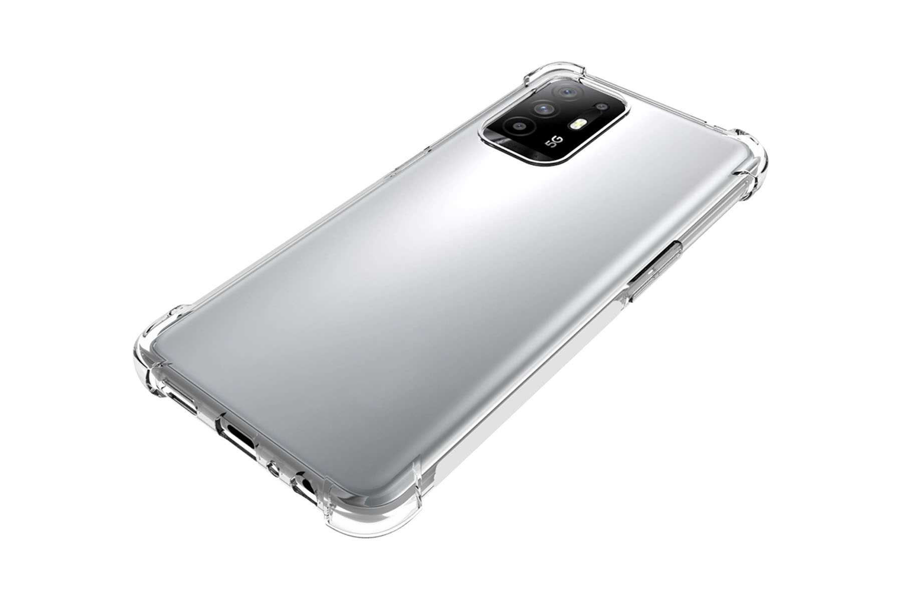 Transparente Handyhülle auf einem Telefon. Das Telefon hat eine Kamera und 5G-Markierung.