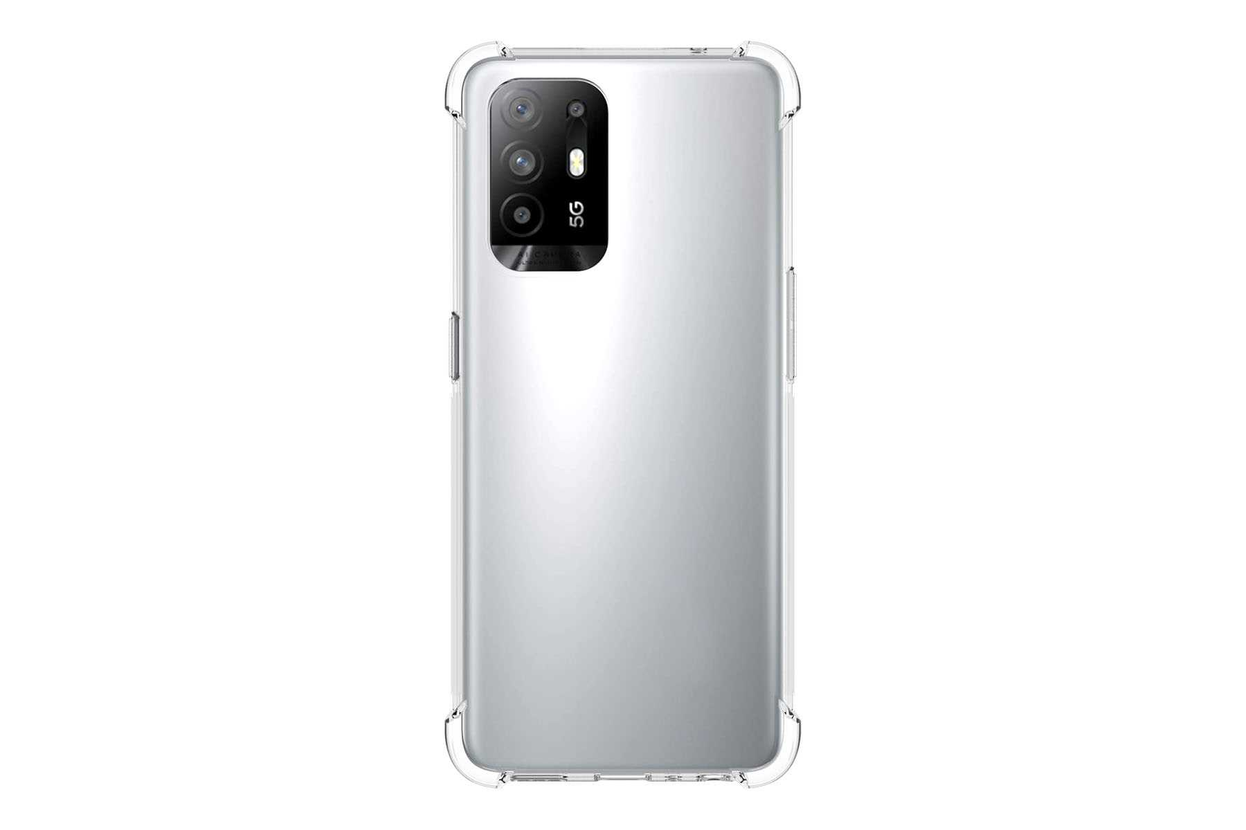 Silbernes Smartphone mit transparenter Hülle, isoliert auf Weiß.