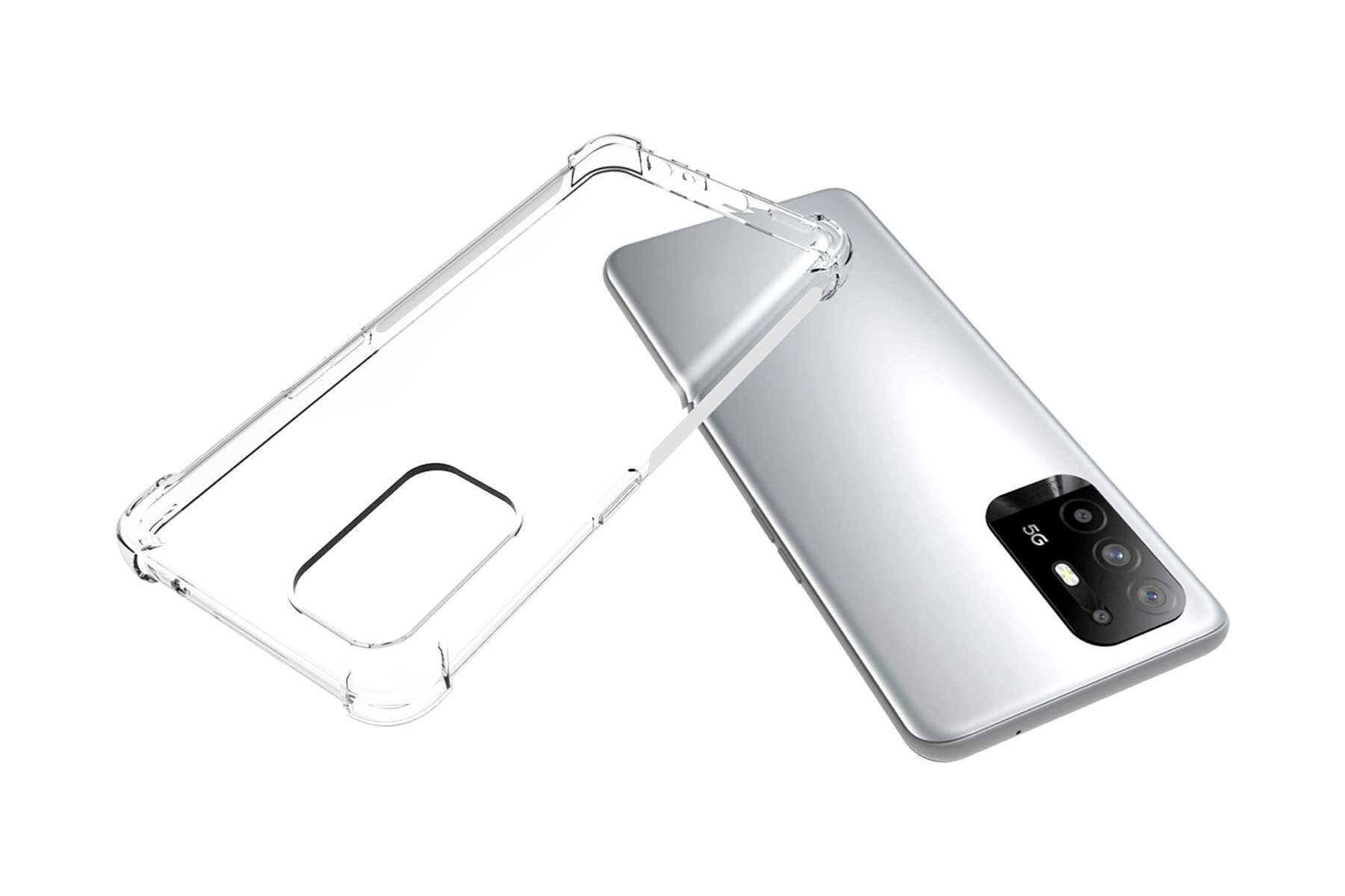 Eine transparente Handyhülle neben einem silbernen Telefon. Die Hülle hat Ausschnitte.