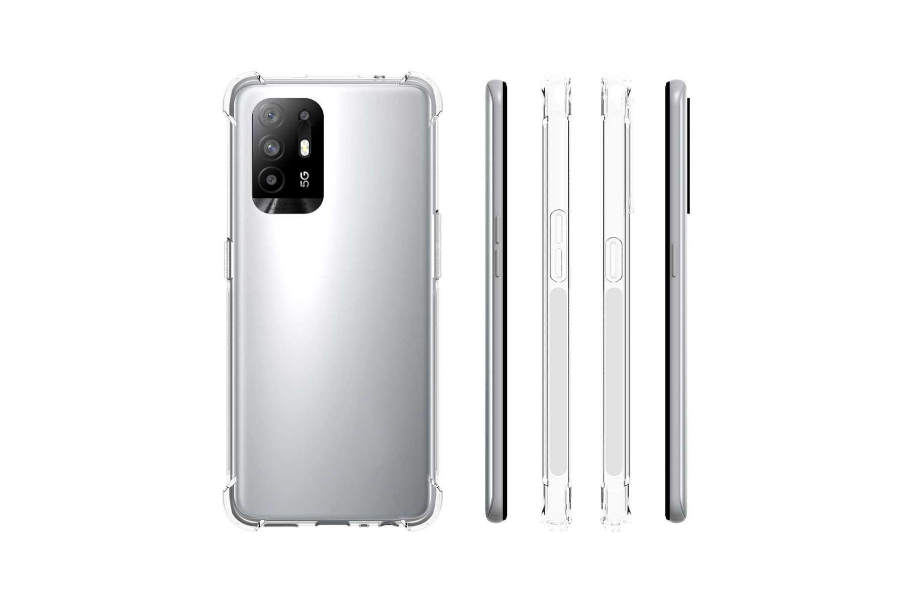 Eine transparente Handyhülle, von hinten und von der Seite betrachtet. Die Hülle hat ein Schutzdesign.