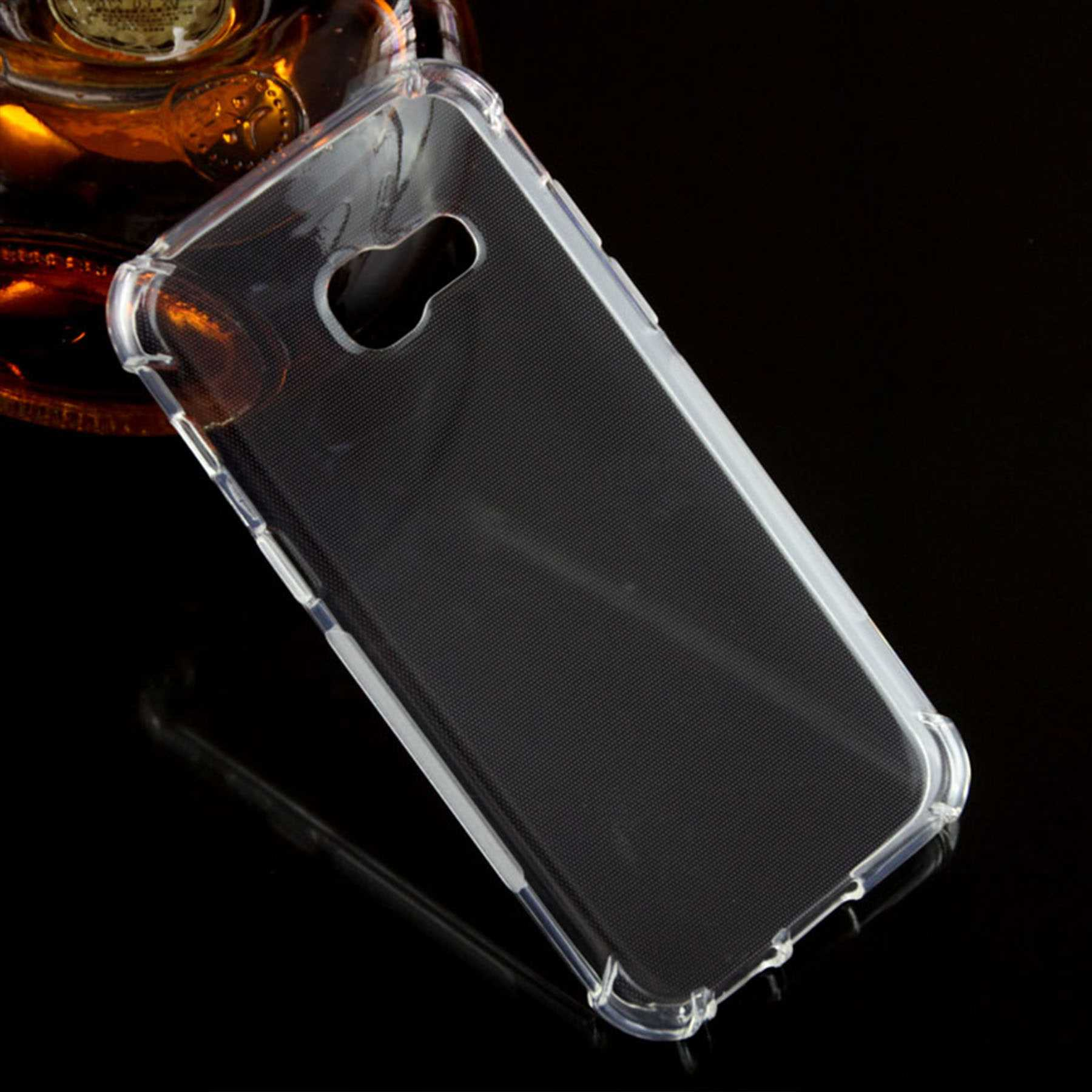 Smartphone in einer transparenten Hülle. Das Telefon ist schwarz, mit einer transparenten Hülle.