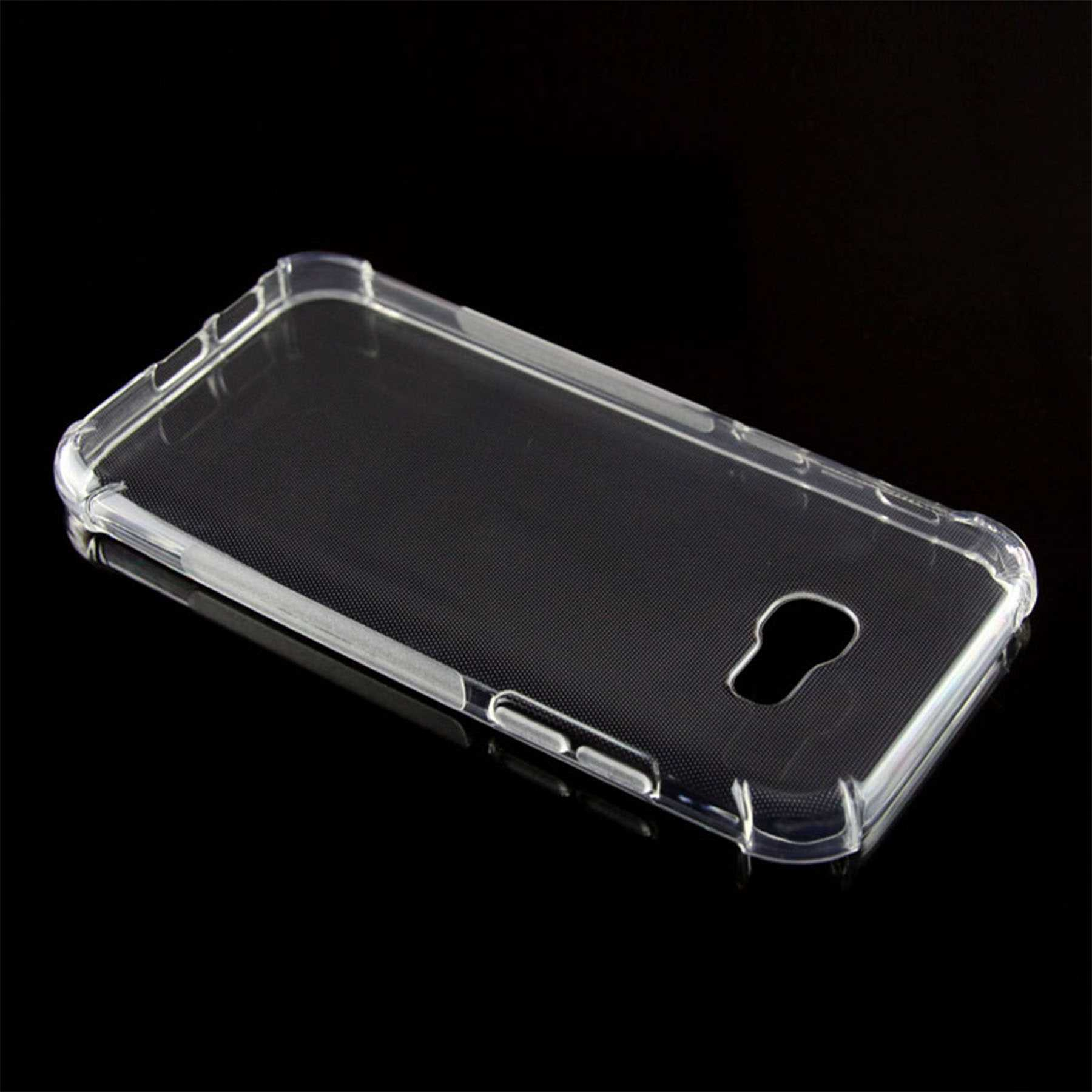 Eine transparente Handyhülle auf schwarzem Hintergrund. Die Hülle hat ein strukturiertes, gepunktetes Innendesign.