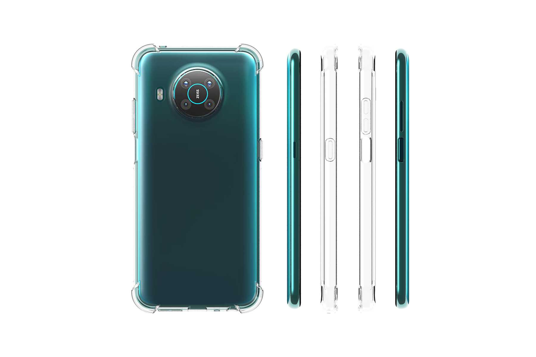 Ein grünes Telefon mit klarer Hülle. Das Telefon ist aus mehreren Blickwinkeln zu sehen. Eine klare Hülle ist drumherum.