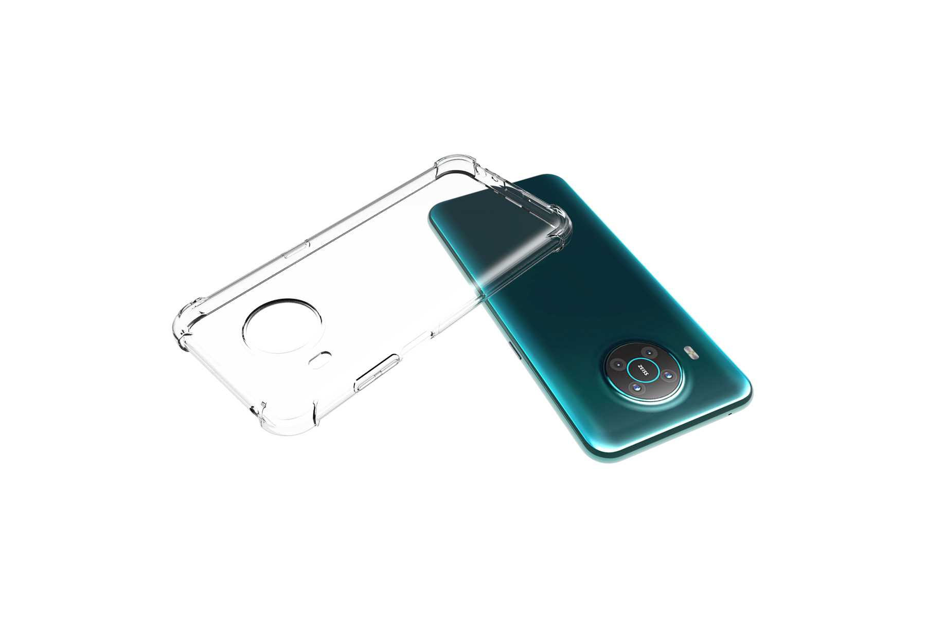 Eine transparente Handyhülle über einem tealfarbenen Telefon.