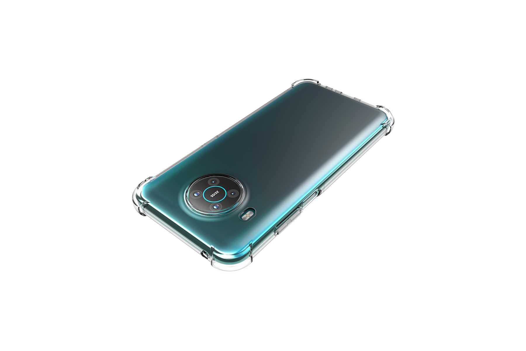 Smartphone mit klarer Hülle. Rückansicht, geneigt. Telefon ist teal. Klare Hülle. Weißer Hintergrund.