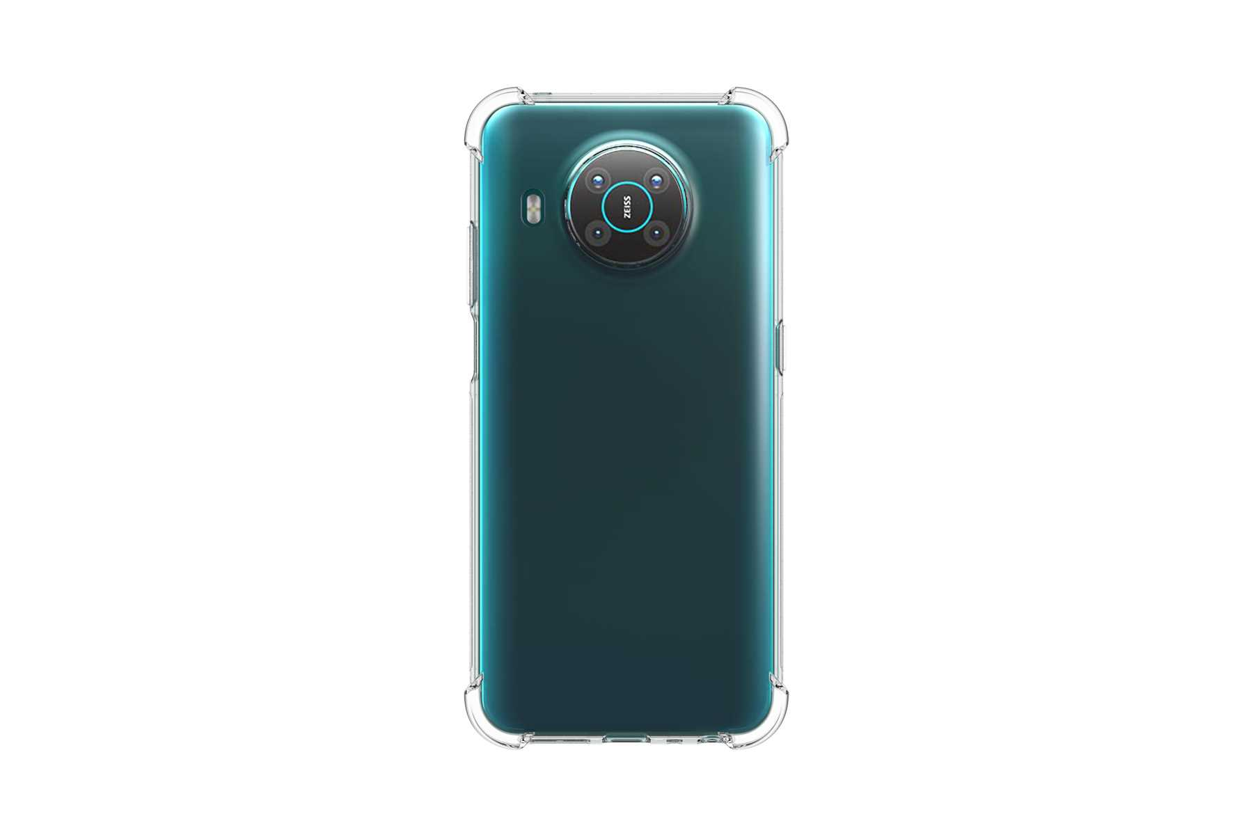 Türkisfarbenes Smartphone mit transparentem Gehäuse, Kameralinsen und weißem Hintergrund.