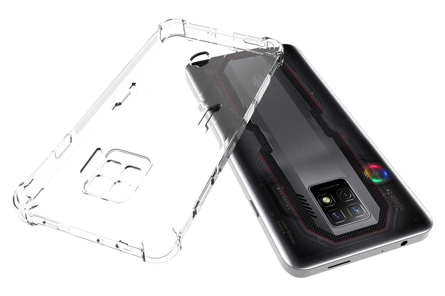 Eine transparente Handyhülle neben einem schwarzen Smartphone mit Mehrfachkamera und transparenter Rückseite.