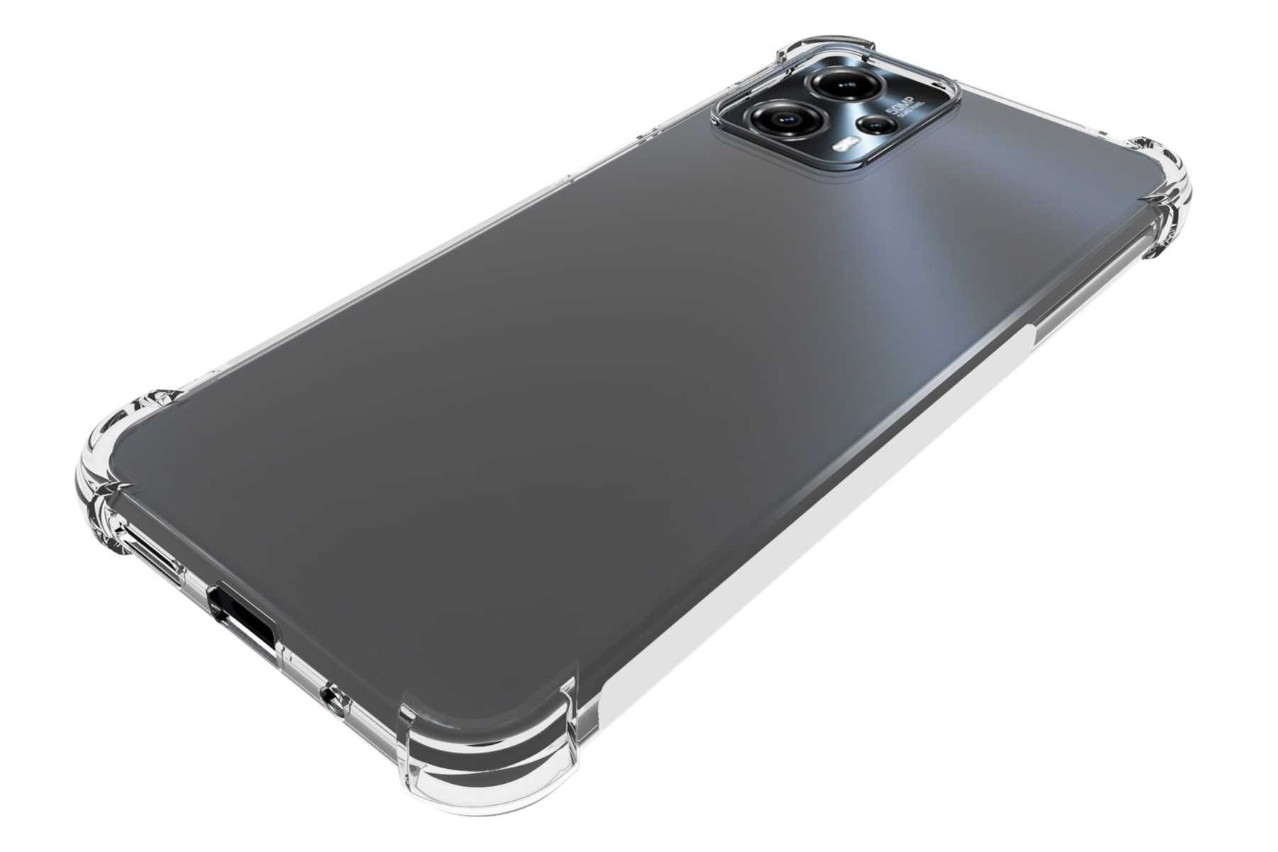 Ein Telefon mit transparentem Gehäuse. Das Telefon hat eine dunkelgraue Rückseite und eine Kameraanordnung.