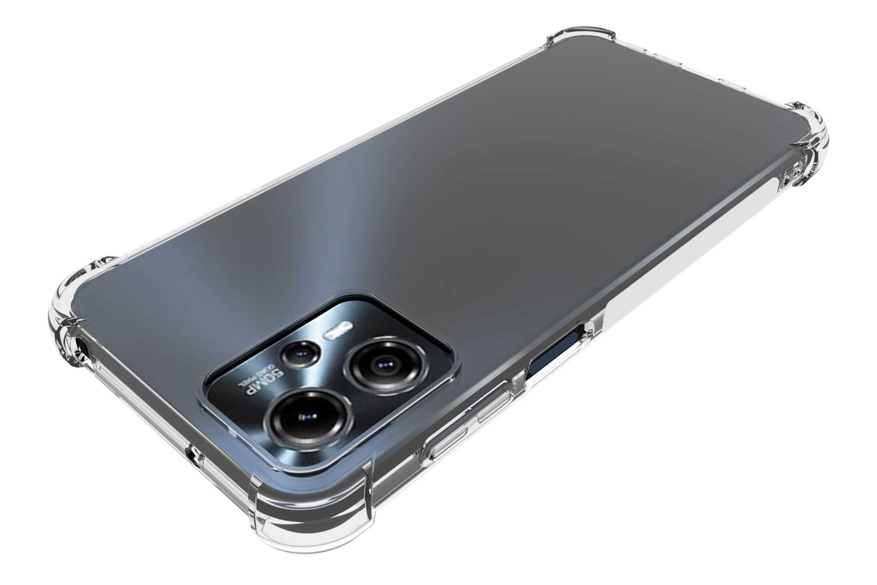 Telefon in transparenter Hülle auf Weiß. Verstärkte Ecken. Schwarzes Telefon mit Kamera.