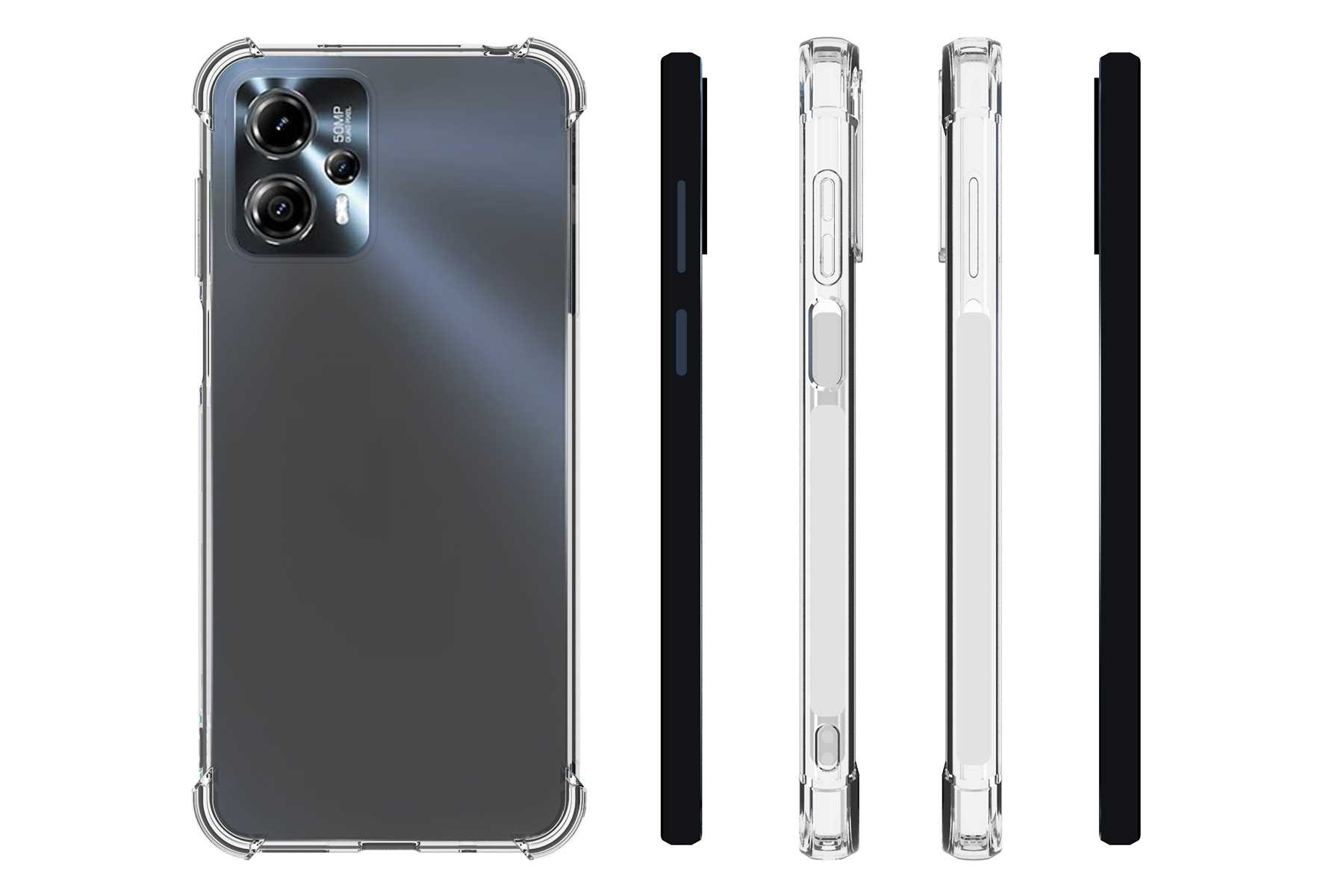 Transparente Handyhülle mit Telefon. Telefon ist grau/schwarz. Mehrere Ansichten.