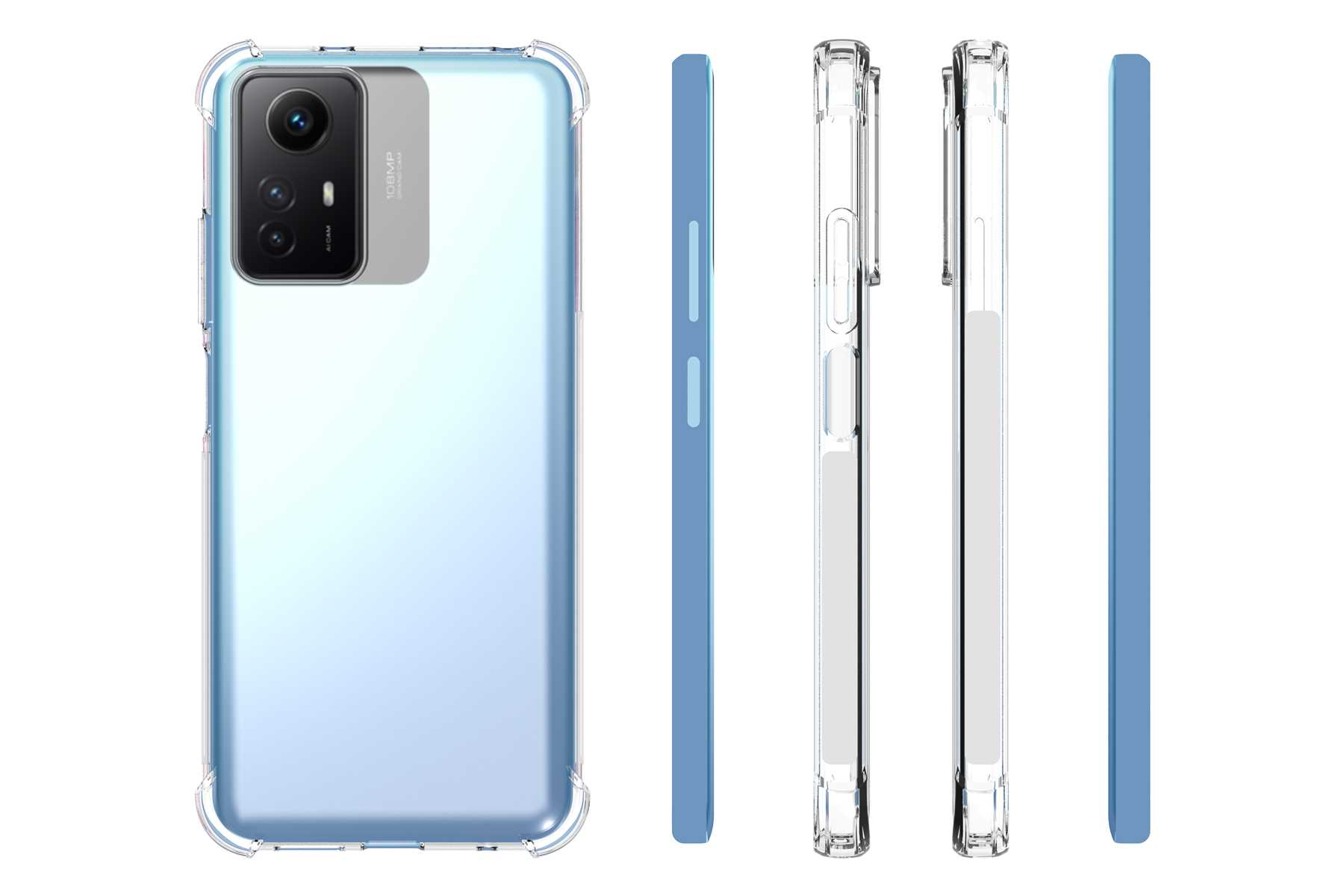 Telefon in transparenter Hülle auf Weiß. Verschiedene Ansichten. Blaues Telefon, transparente Hülle.
