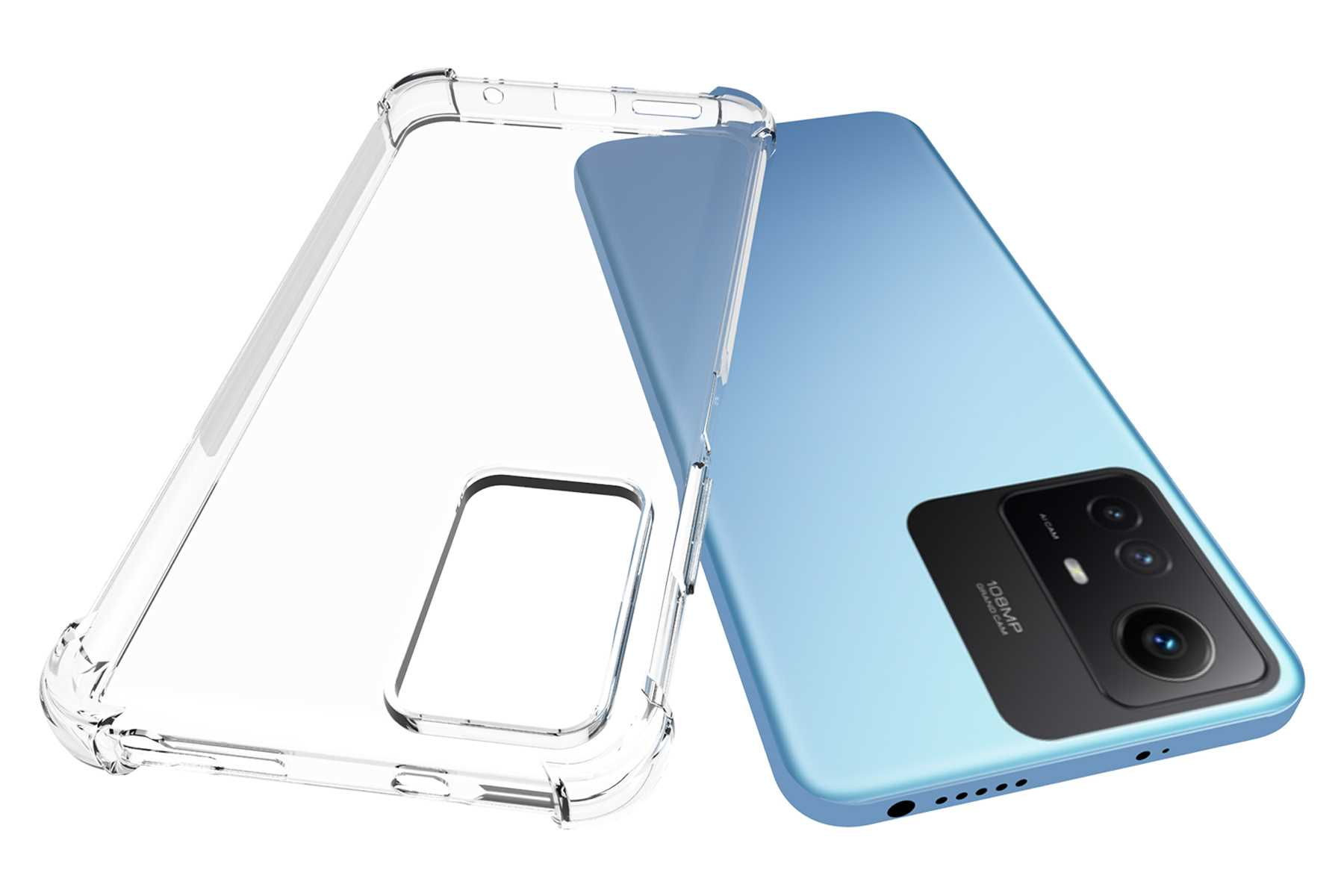 Blaues Telefon mit durchsichtiger Hülle. Telefon liegt neben seiner Hülle. Weißer Hintergrund.