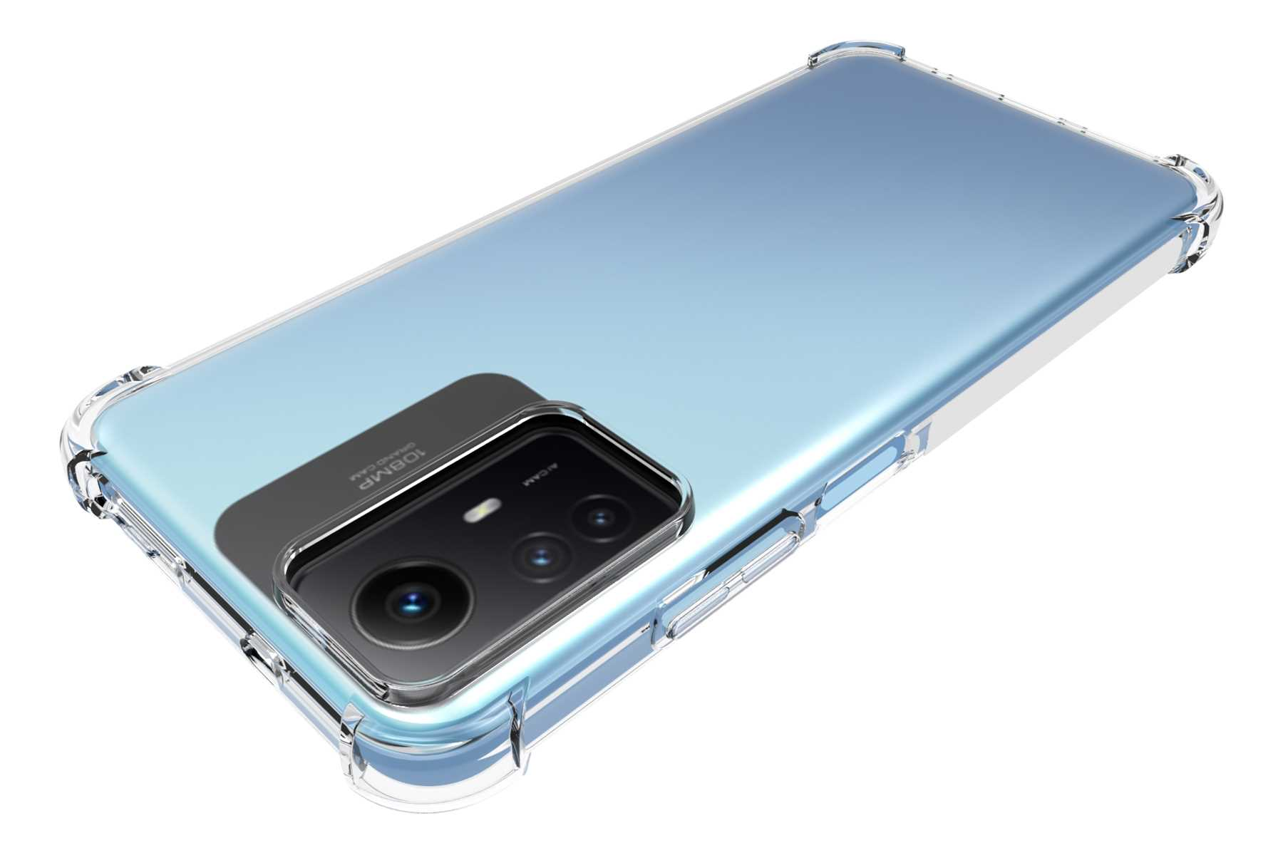 Nahaufnahme eines Telefons mit klarer Hülle. Das Telefon hat mehrere Kameras und eine hellblaue Rückseite.