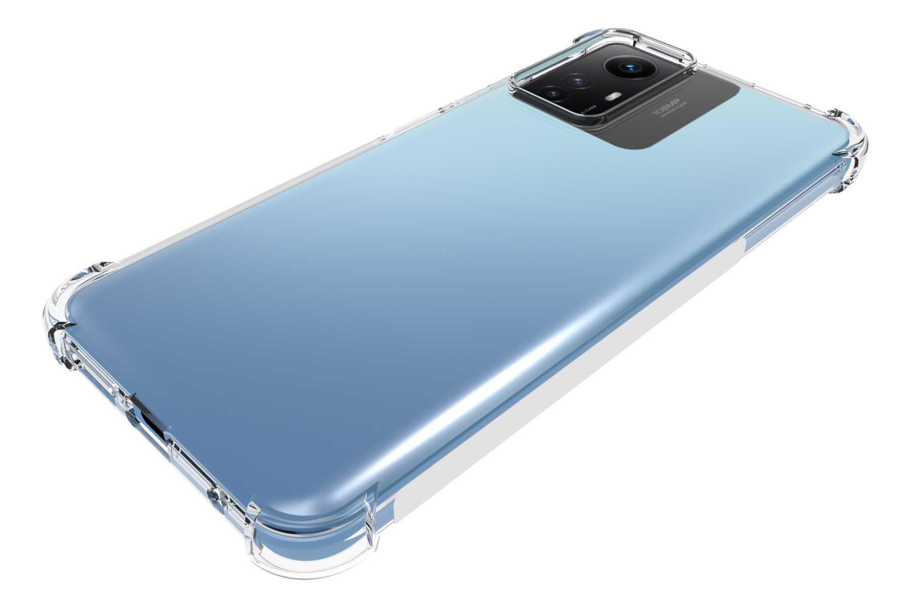 Eine transparente Handyhülle auf einem blauen Telefon. Die Hülle hat verstärkte Ecken.