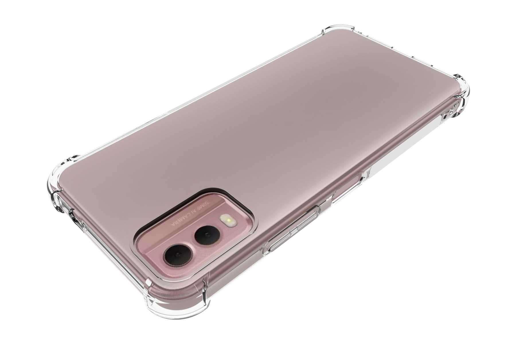 Rosa Smartphone in klarer Schutzhülle, Dual-Kamera, weißer Hintergrund.
