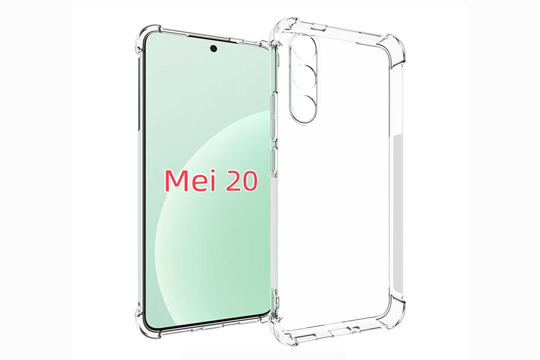Ein Telefon mit transparentem Gehäuse. Das Display zeigt 'Mei 20' in roter Schrift.