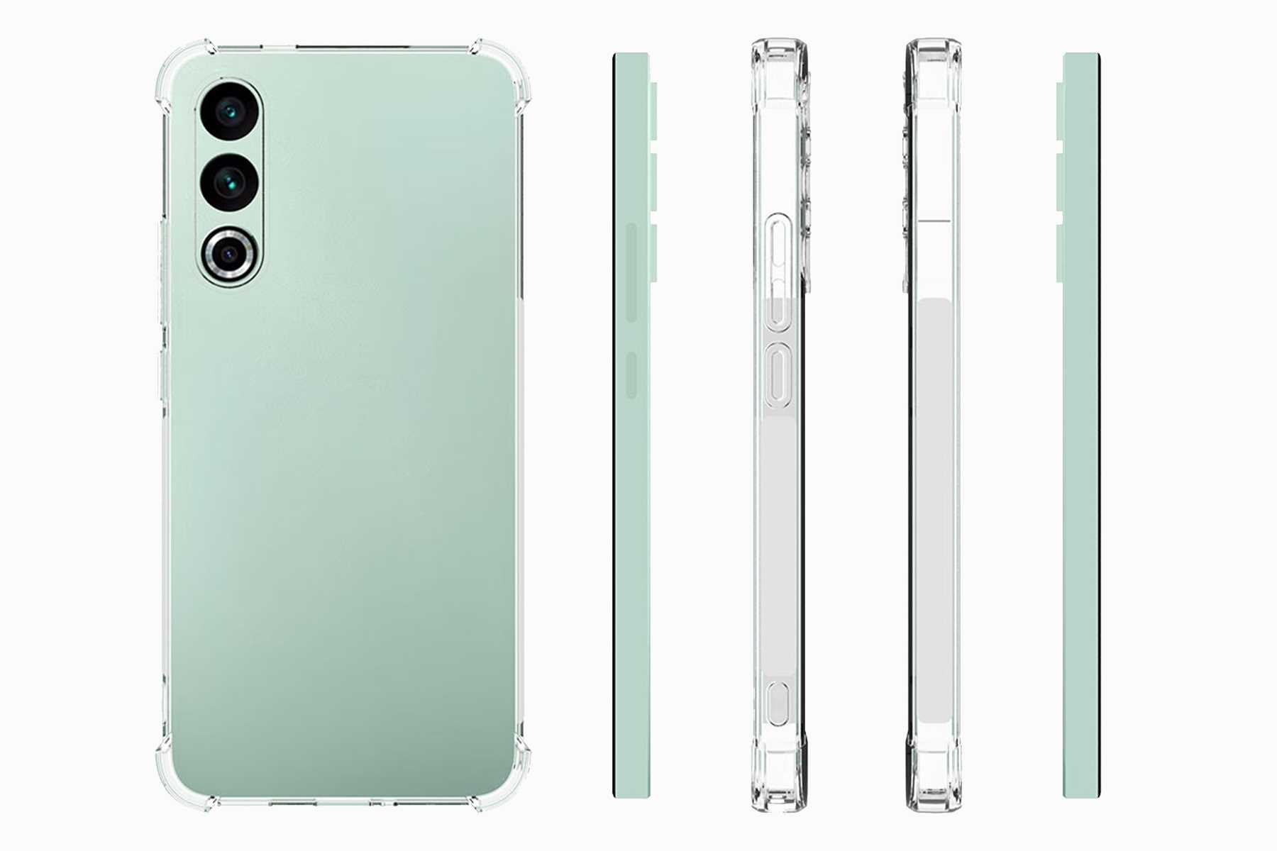 Ein Telefon mit transparenter Hülle, Seiten- und Kantenansichten, auf weißem Hintergrund. Das Telefon hat einen mintgrünen Rücken.