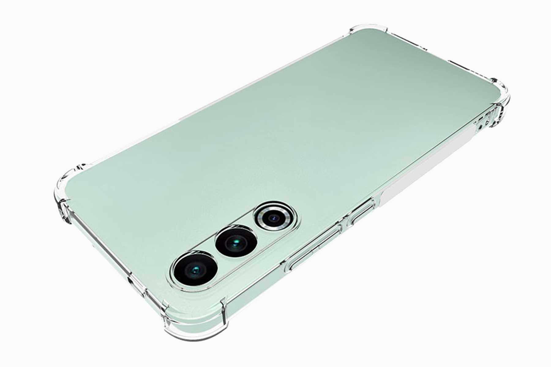 Transparente Handyhülle auf einem Handy mit mintgrüner Rückseite.