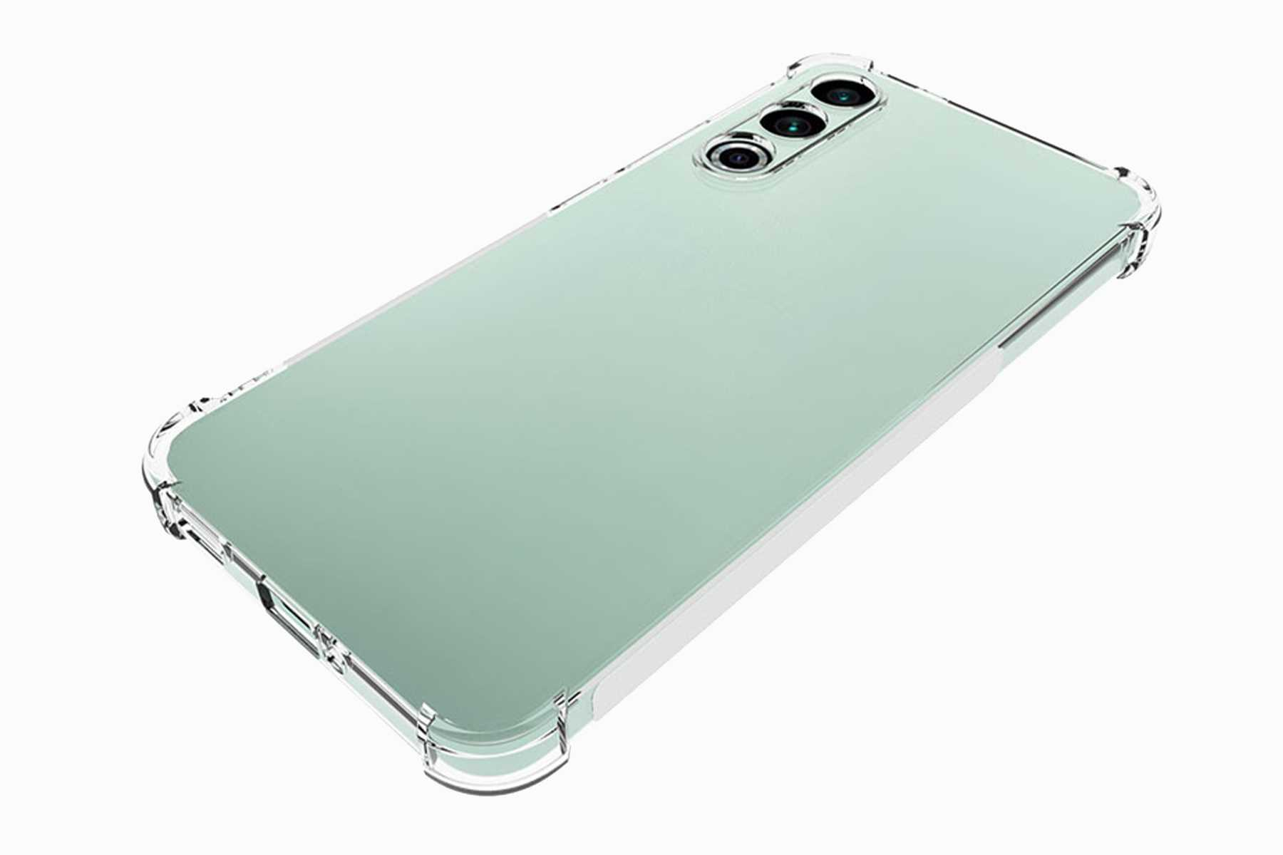 Ein Telefon mit transparentem Gehäuse. Das Telefon hat eine mintgrüne Rückseite und eine Kameraanordnung.