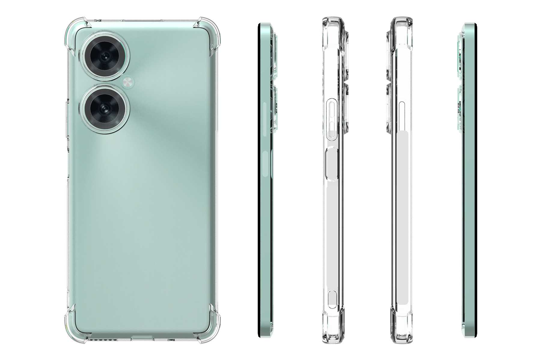 Smartphone in transparenter Hülle, das Telefon ist grün. Zwei Rückkameras sind sichtbar. Mehrere Winkel werden gezeigt.