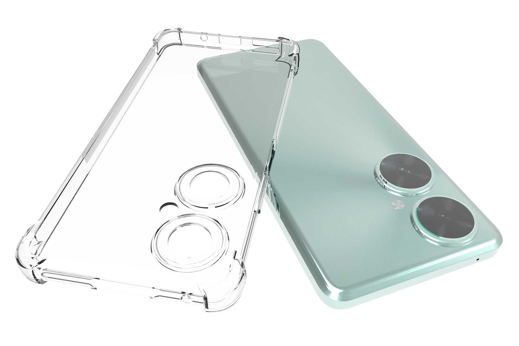 Eine transparente Handyhülle neben einem mintgrünen Telefon, isoliert auf Weiß.