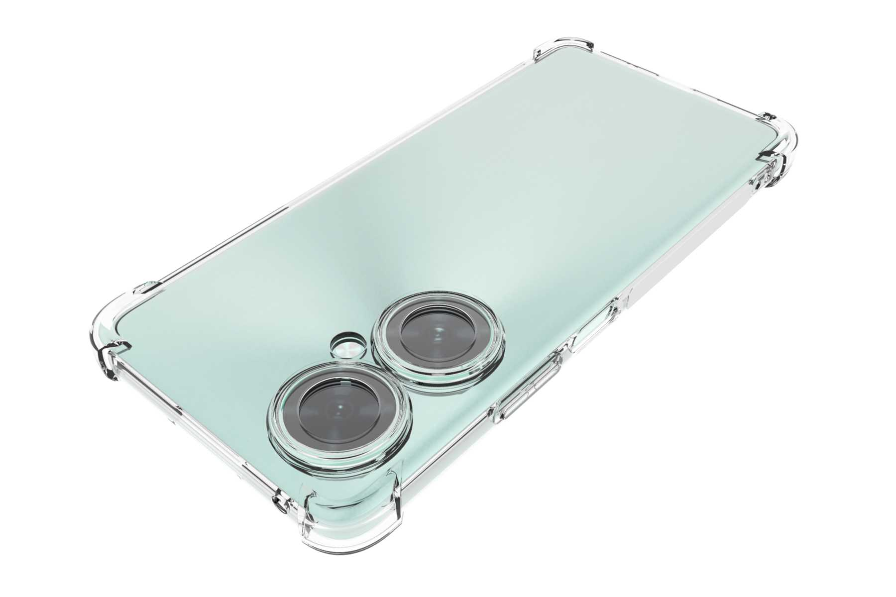 Transparente Handyhülle auf einem Telefon mit Dual-Kameras. Die Hülle ist durchsichtig.