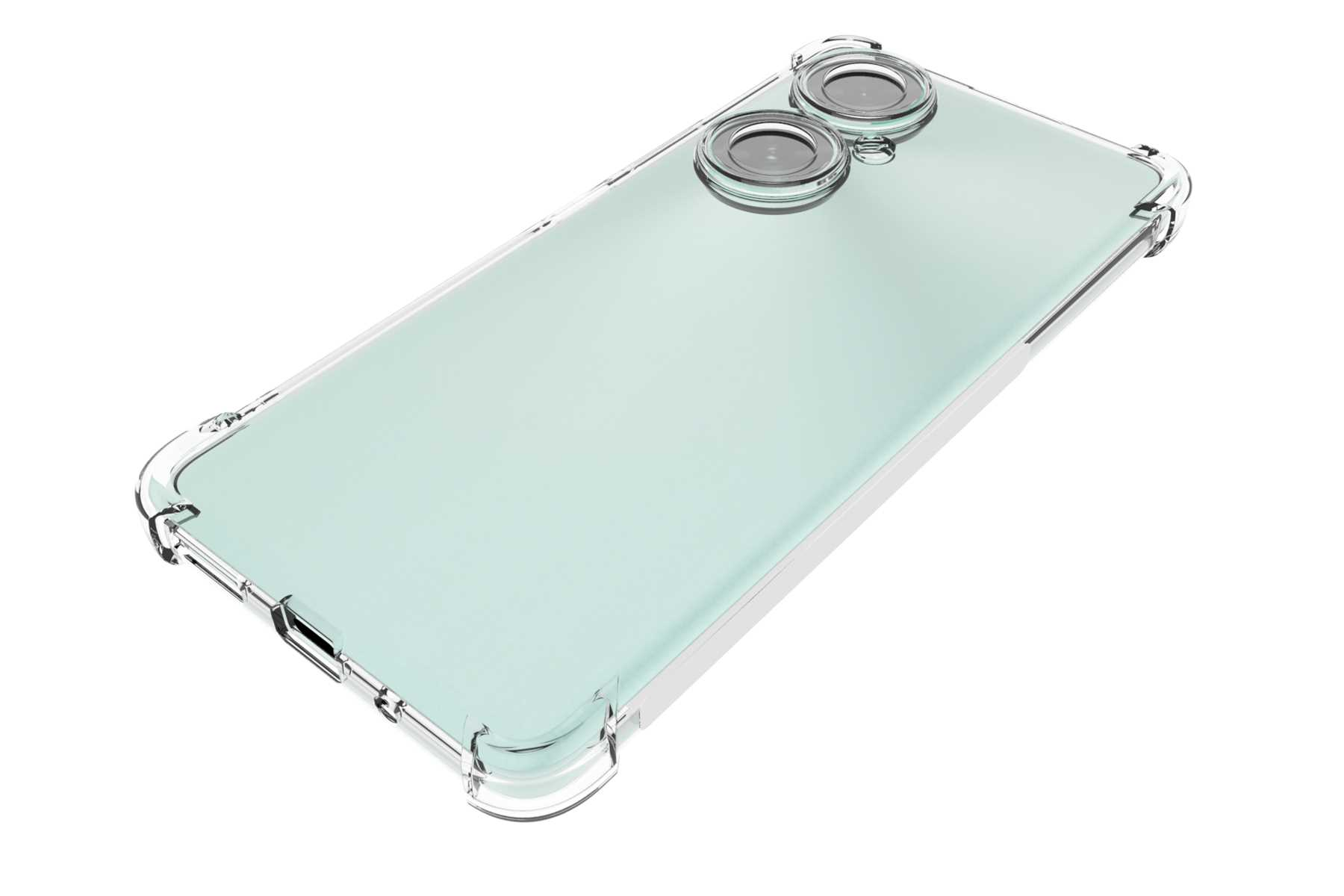 Telefon mit klarer Hülle. Die Rückseite hat zwei Linsen.