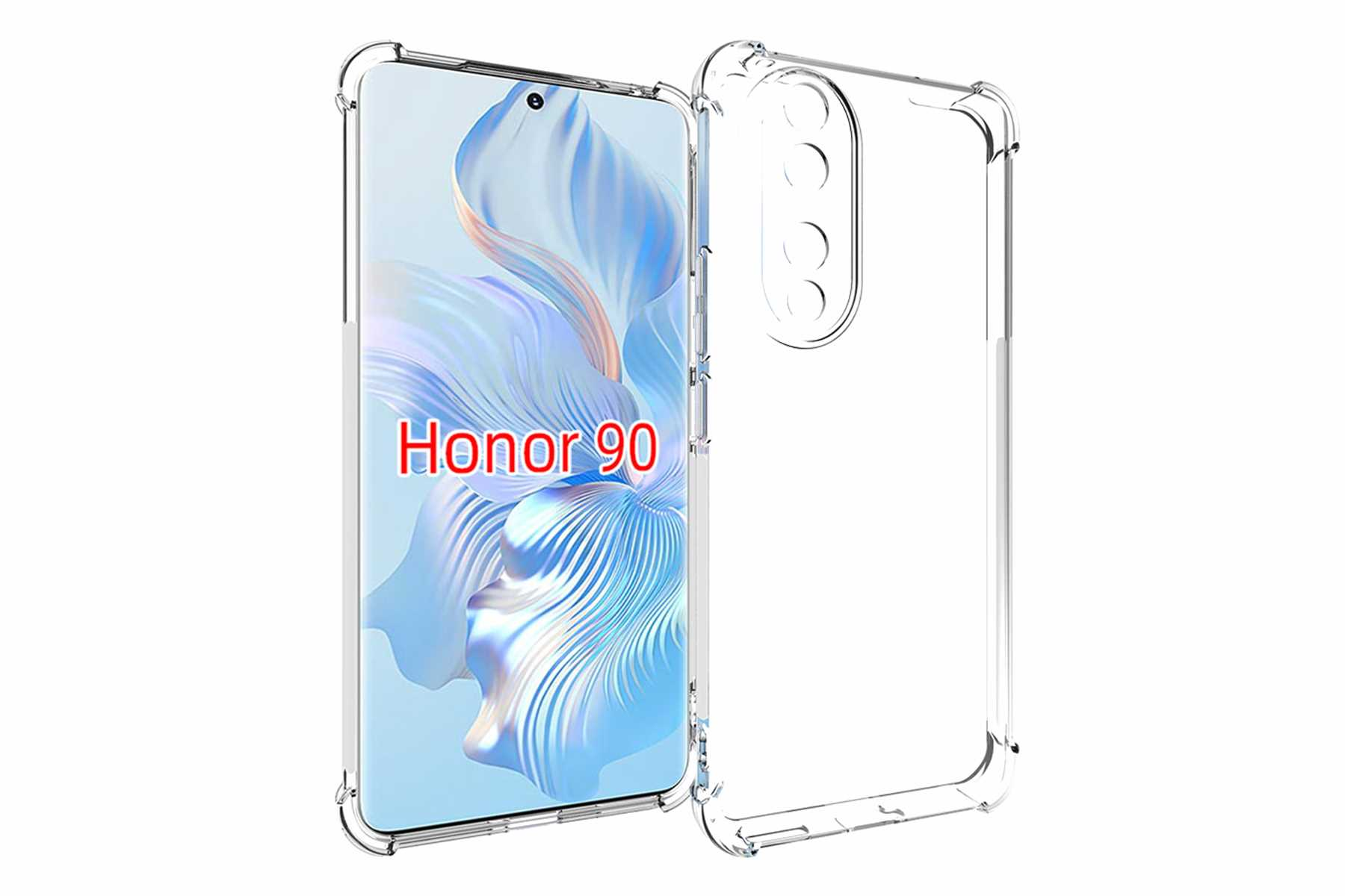Ein Telefon mit transparenter Hülle, zeigt den Bildschirm mit den Worten 'Honor 90'.