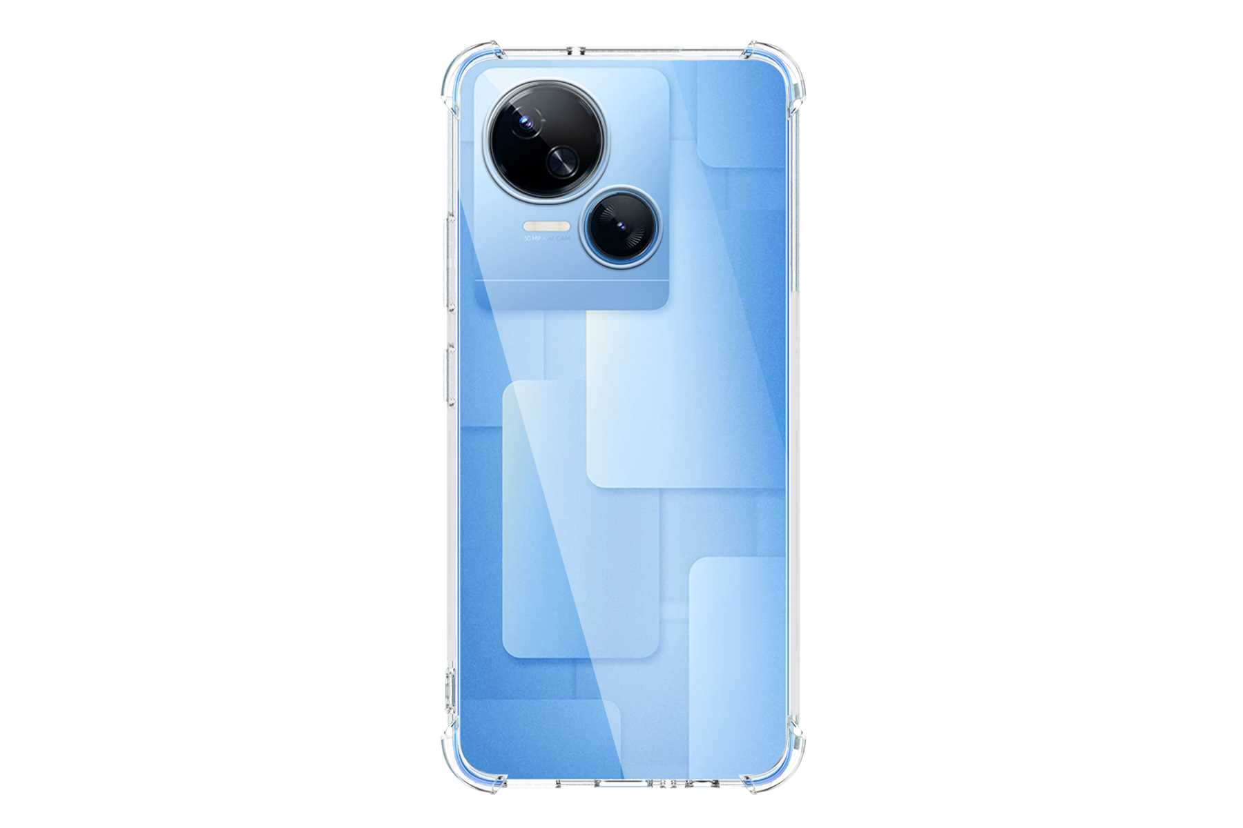 Handyhülle. Rückseite eines Telefons durch transparente Hülle sichtbar. Blauer Hintergrund.
