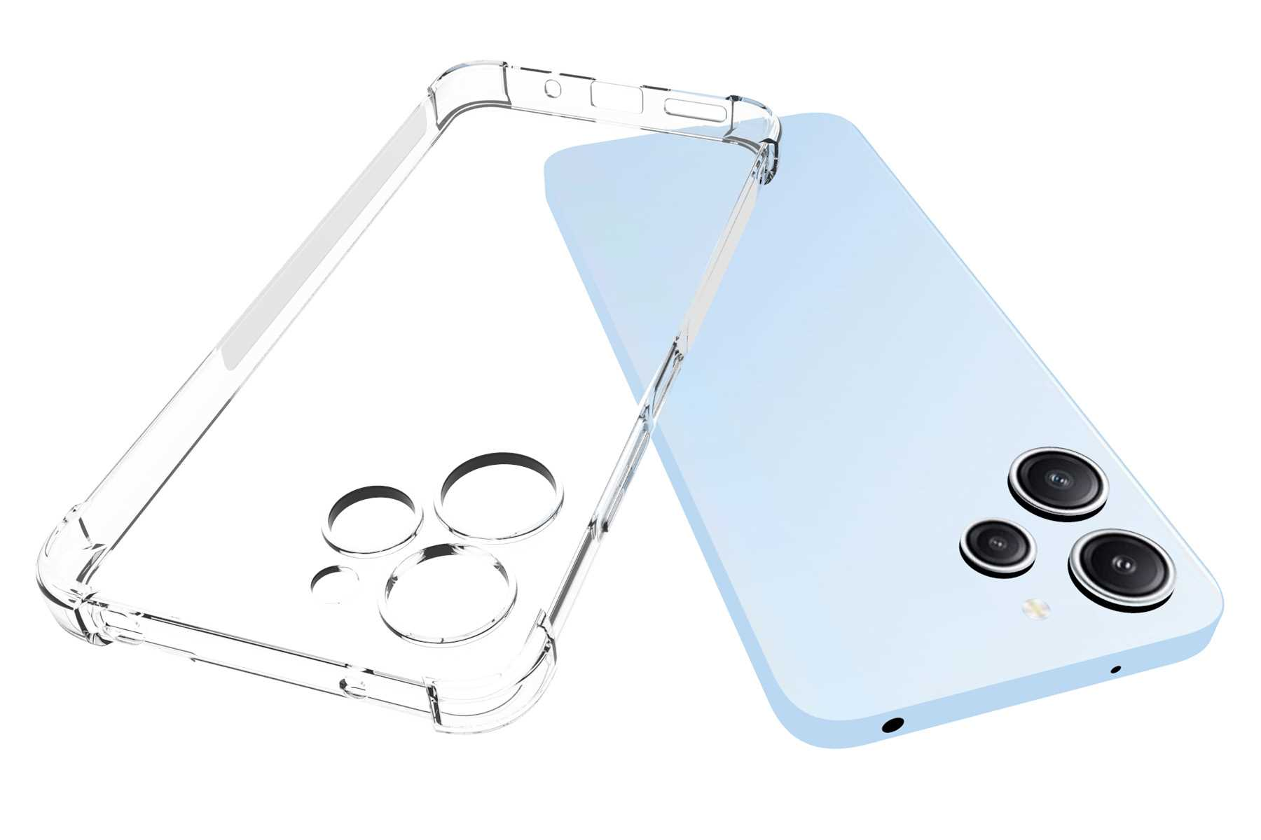 Transparente Handyhülle neben einem hellblauen Telefon. Dreifach-Kamera-Setup.